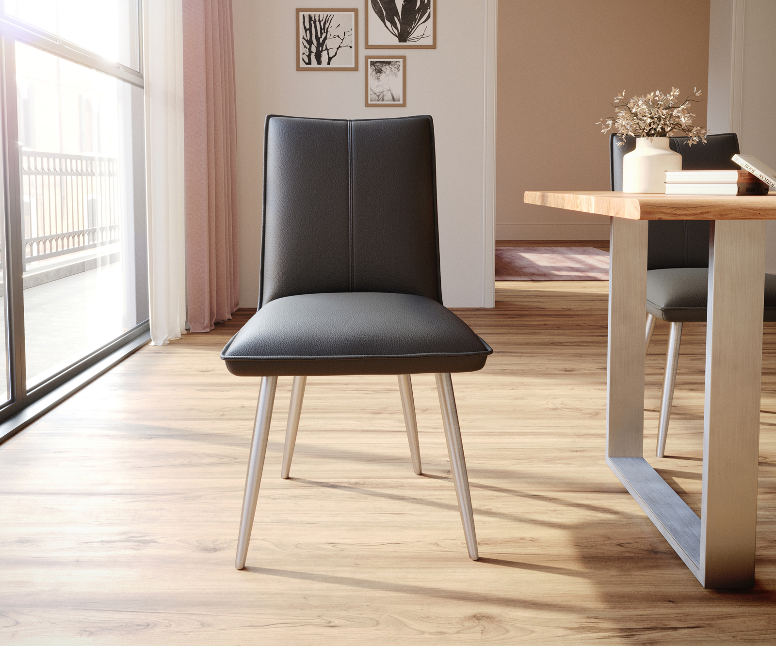 Étkezőszék Lelio-Flex valódi bőr fekete 4 láb kúpos rozsdamentes acél zsákrugó - Image 2