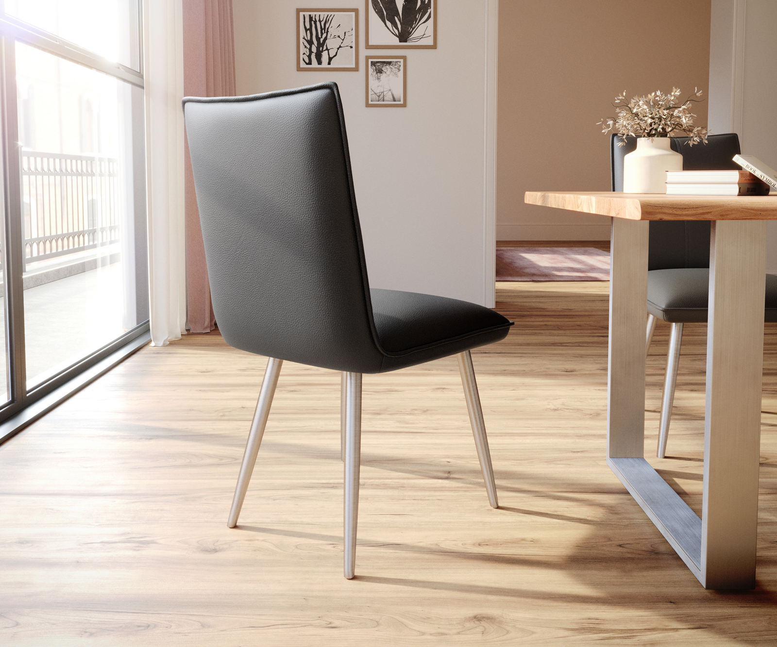 Étkezőszék Lelio-Flex valódi bőr fekete 4 láb kúpos rozsdamentes acél zsákrugó - Image 5