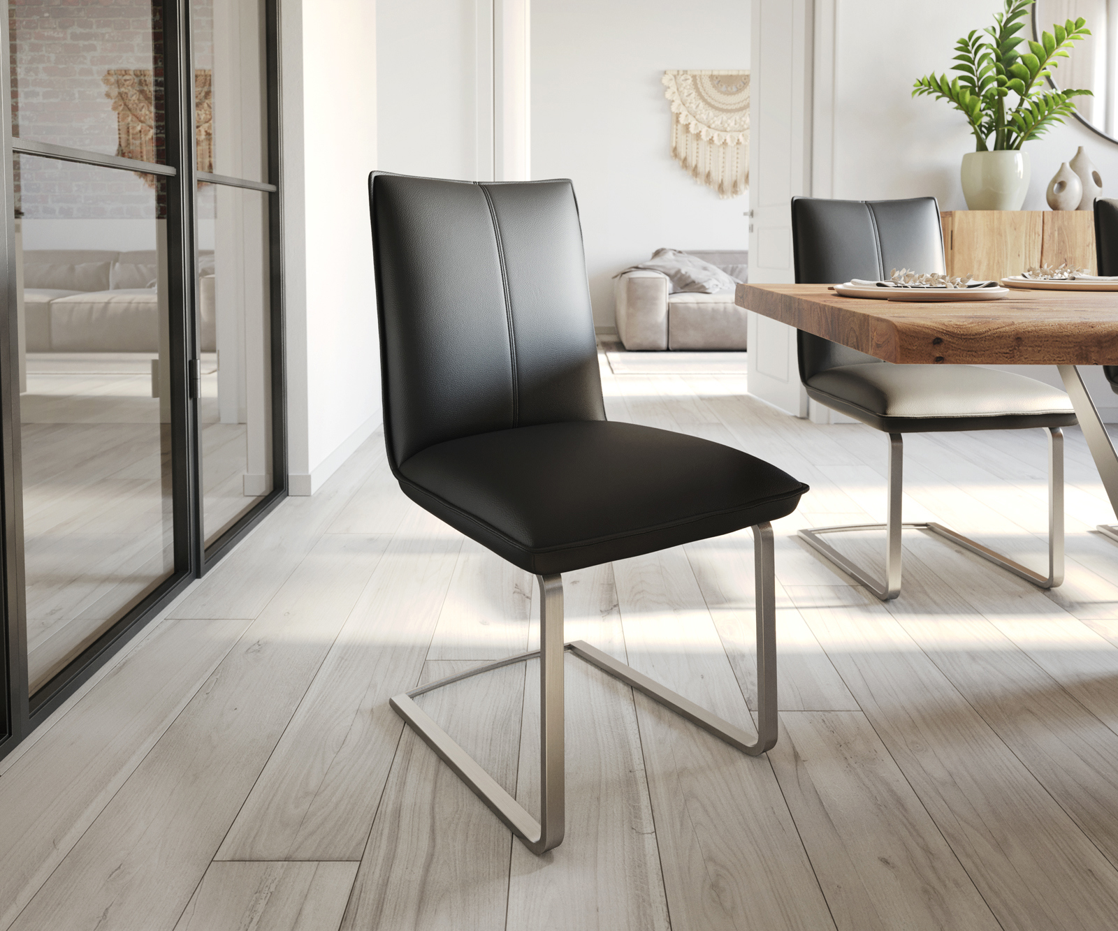 Étkezőszék Lelio-Flex valódi bőr fekete étkezőszék lapos rozsdamentes acél zsákrugós