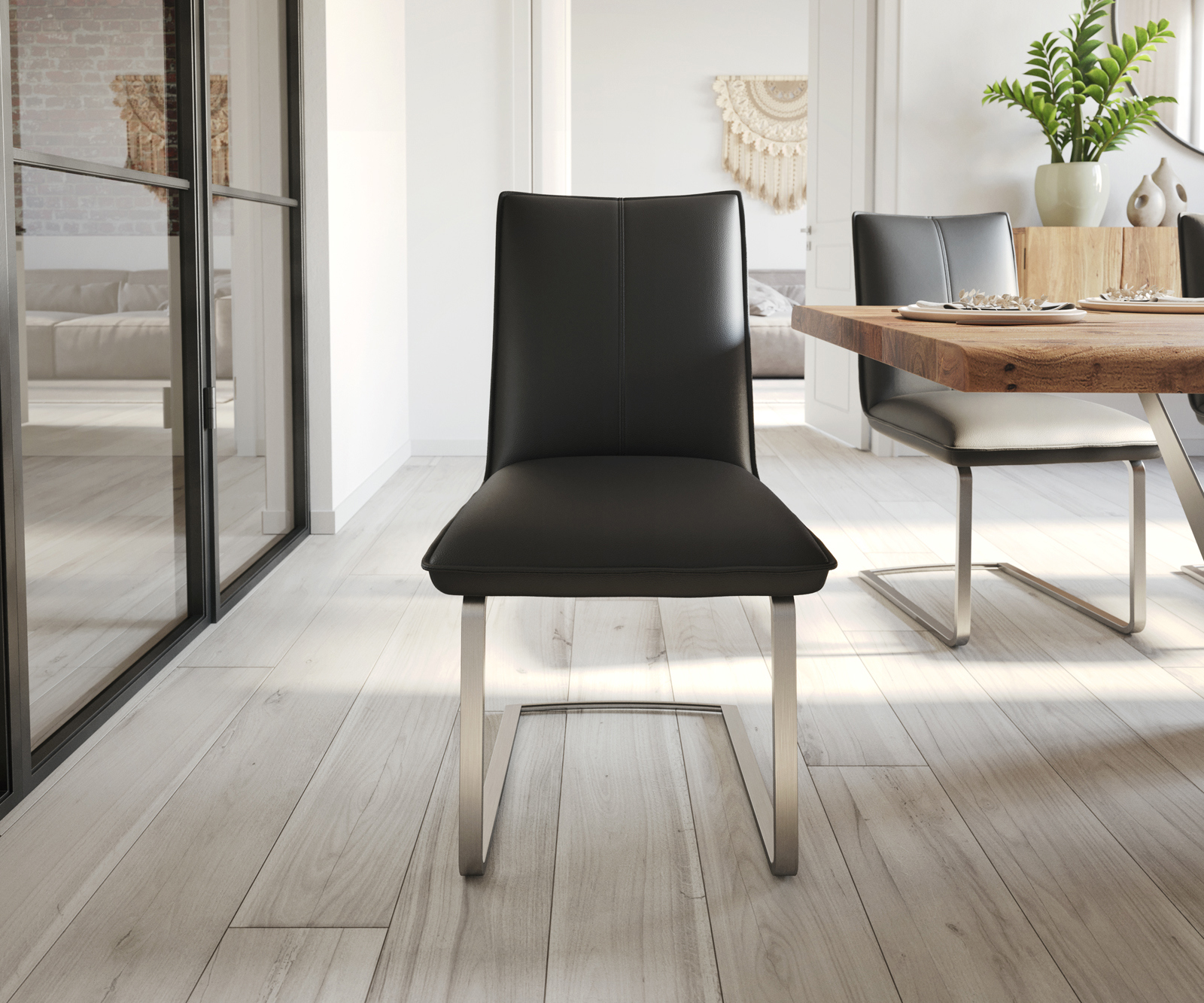 Étkezőszék Lelio-Flex valódi bőr fekete étkezőszék lapos rozsdamentes acél zsákrugós - Image 2