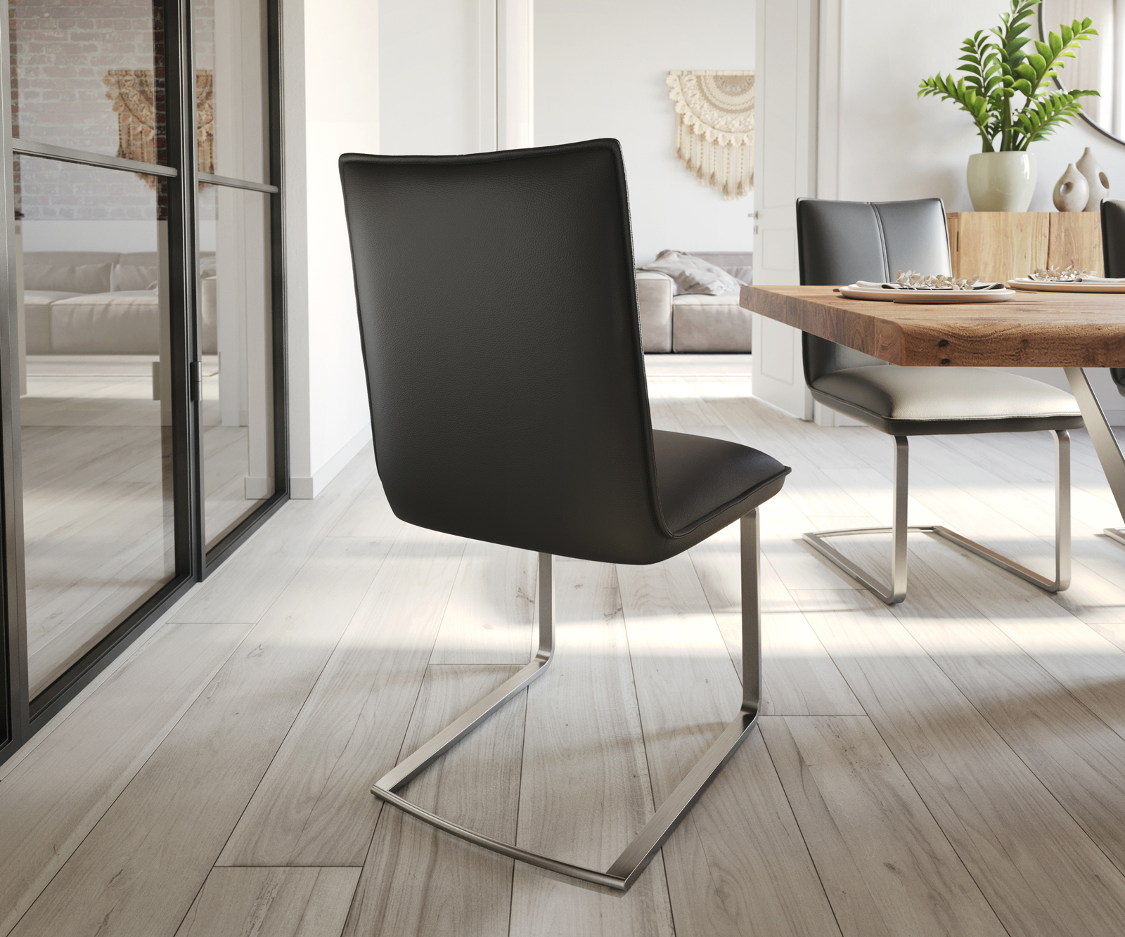 Étkezőszék Lelio-Flex valódi bőr fekete étkezőszék lapos rozsdamentes acél zsákrugós - Image 5