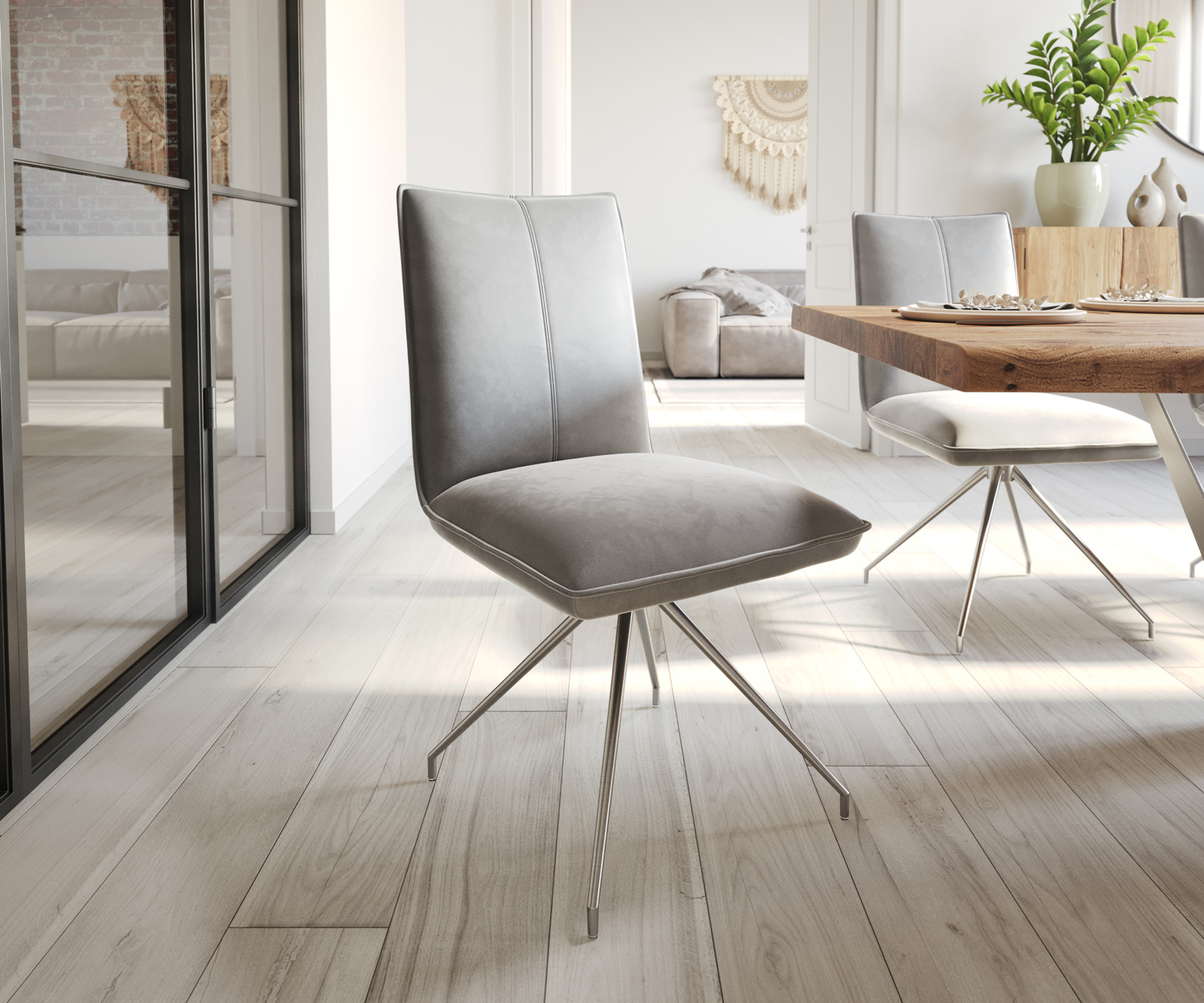 Étkezőszék Lelio-Flex bársony szürke kereszt láb kúpos rozsdamentes acél zsákrugó