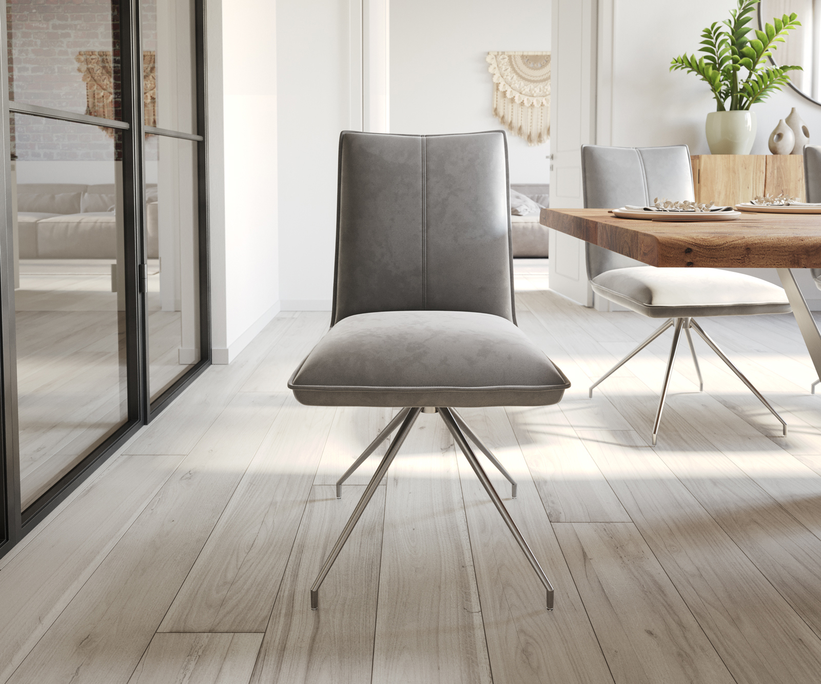 Étkezőszék Lelio-Flex bársony szürke kereszt láb kúpos rozsdamentes acél zsákrugó - Image 2