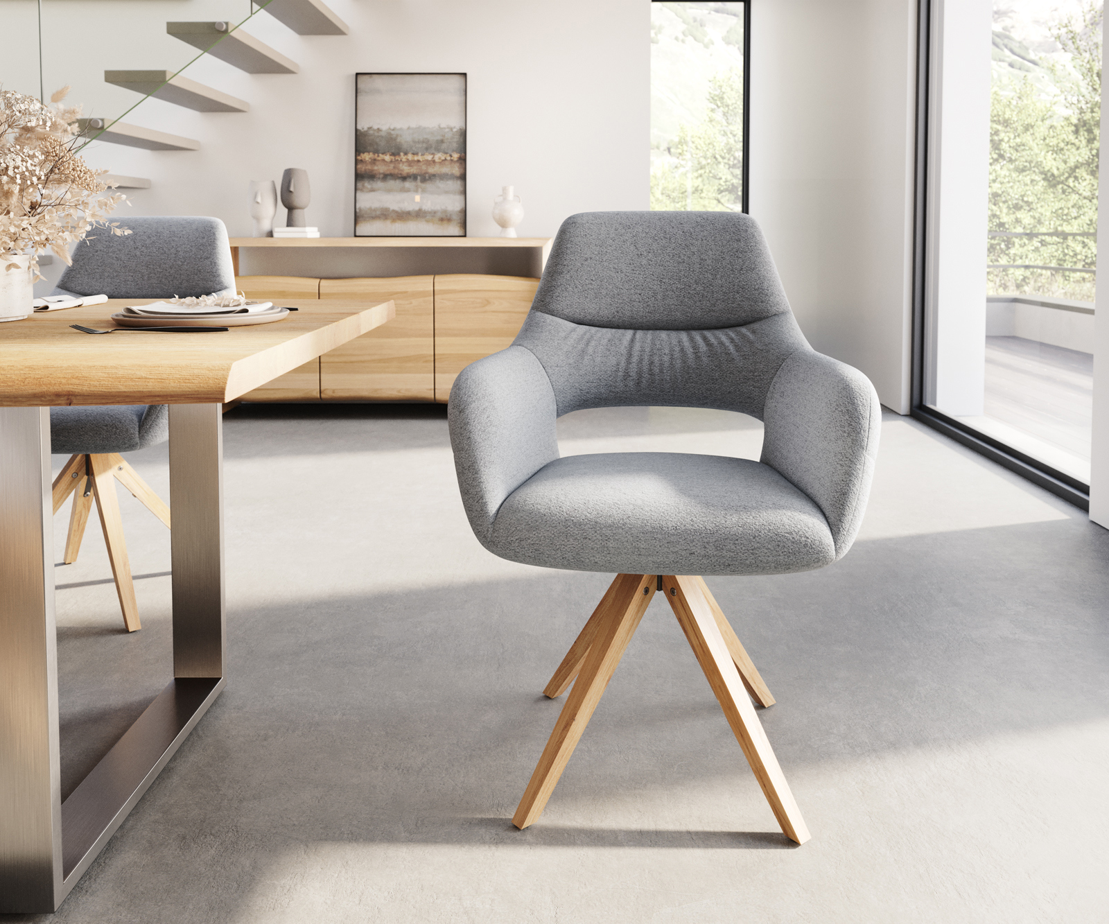 Étkezőszék Yago-Flex karfás világosszürke strukturált szövet fa láb szögletes természetes zsákrugós - Image 2