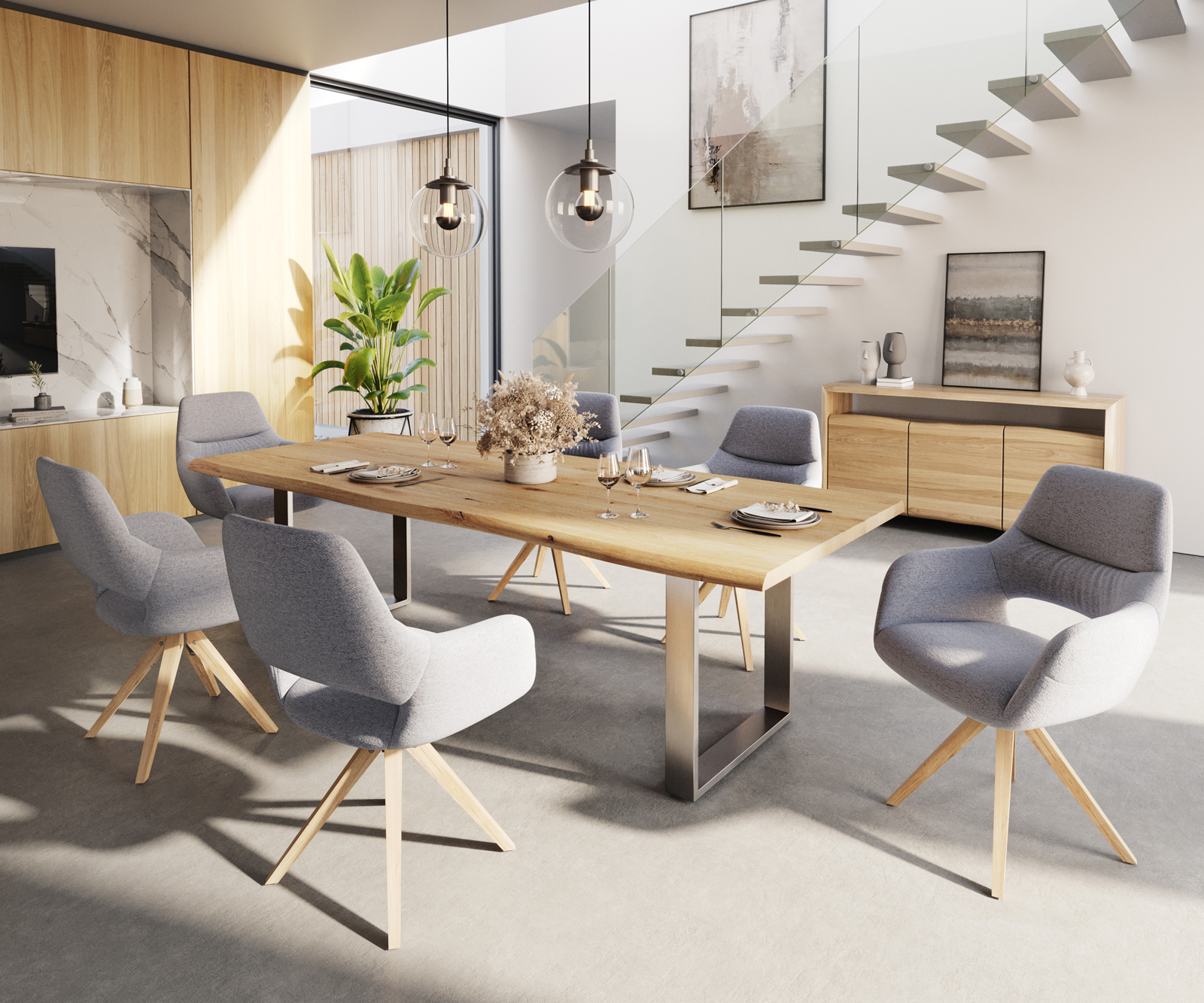 Étkezőszék Yago-Flex karfás világosszürke strukturált szövet fa láb szögletes természetes zsákrugós - Image 4