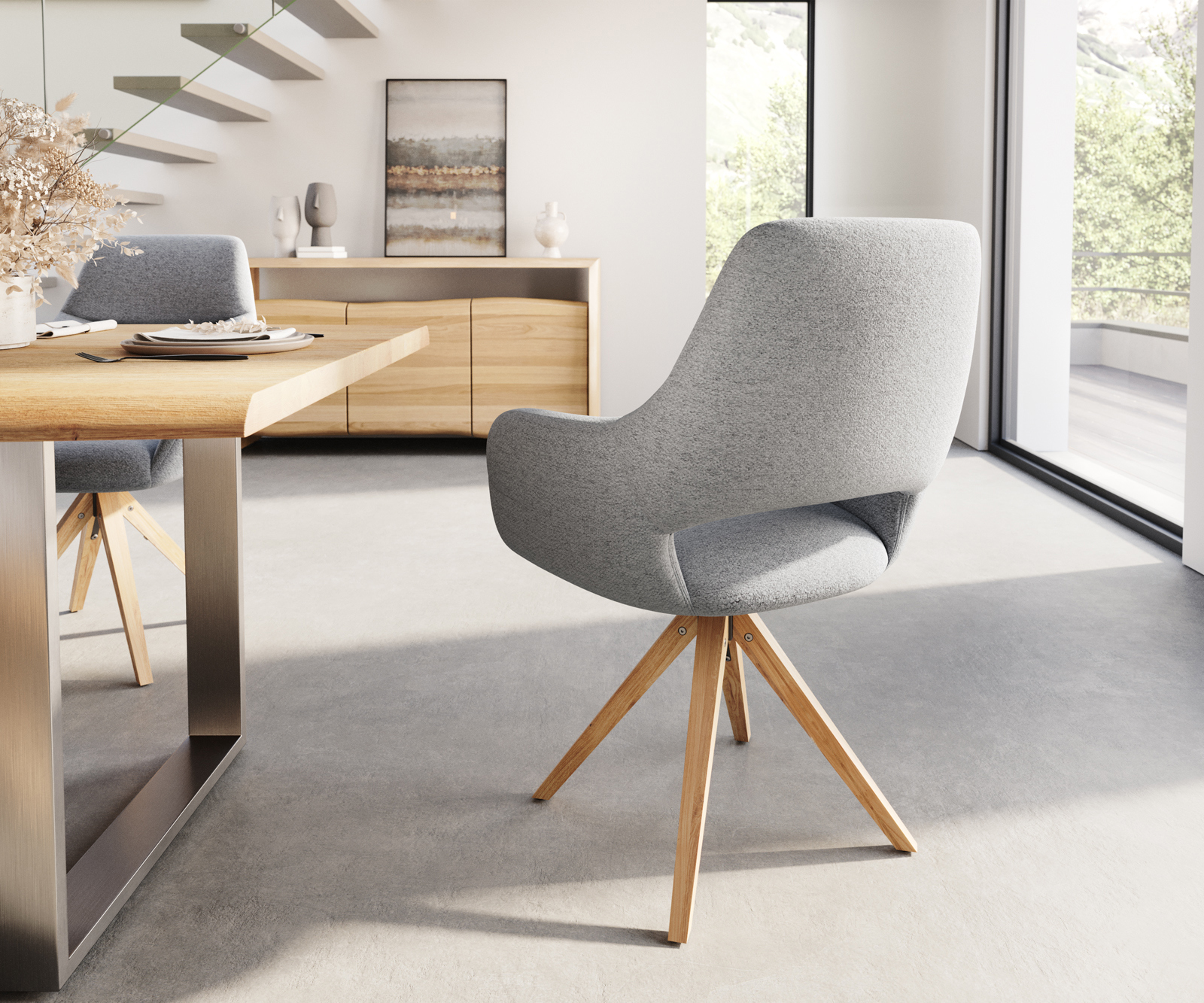 Étkezőszék Yago-Flex karfás világosszürke strukturált szövet fa láb szögletes természetes zsákrugós - Image 5