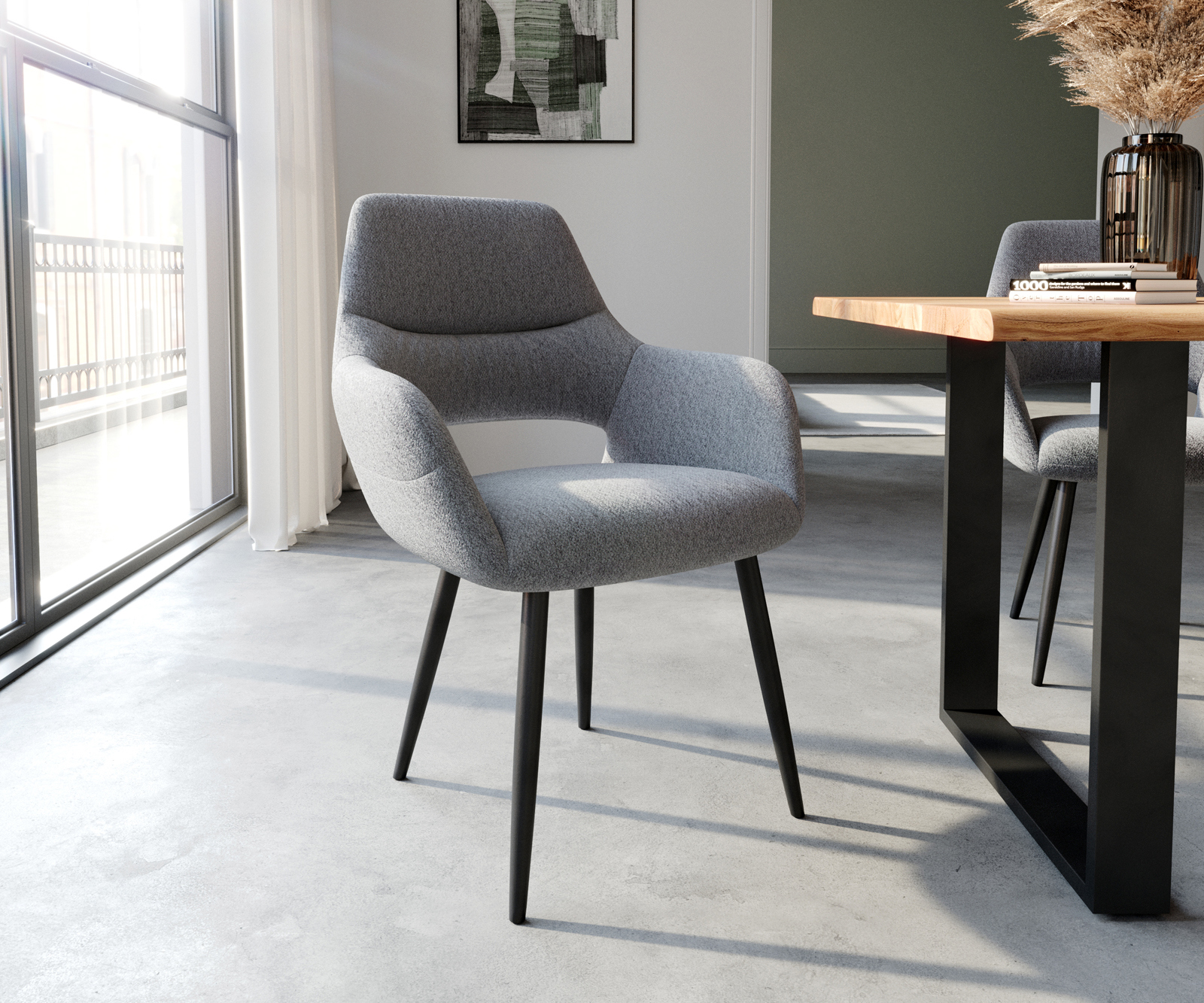 Étkezőszék Yago-Flex karfás világosszürke strukturált szövet 4 lábú kúpos fekete zsákrugós