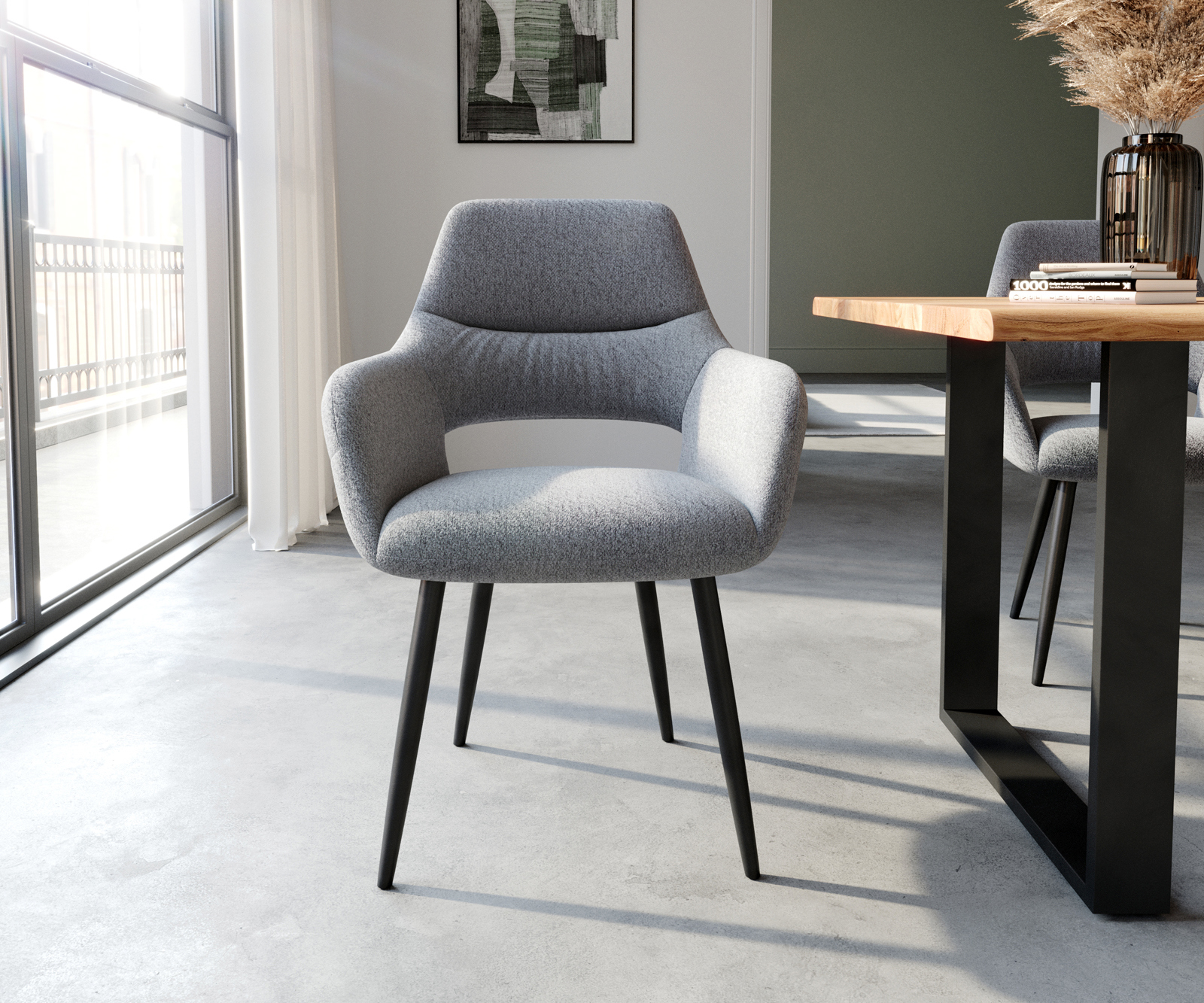 Étkezőszék Yago-Flex karfás világosszürke strukturált szövet 4 lábú kúpos fekete zsákrugós - Image 2