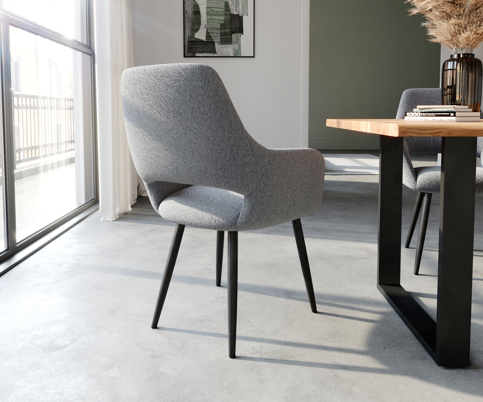 Étkezőszék Yago-Flex karfás világosszürke strukturált szövet 4 lábú kúpos fekete zsákrugós - Image 5