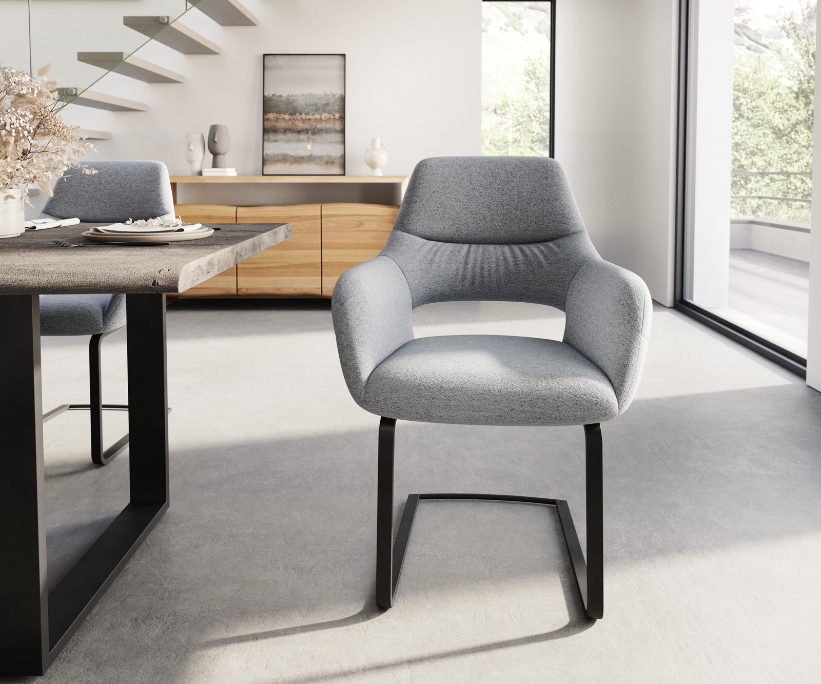 Étkezőszék Yago-Flex kárpitozott karfás világosszürke szövettel lapos fekete lábbal zsákrugós - Image 2