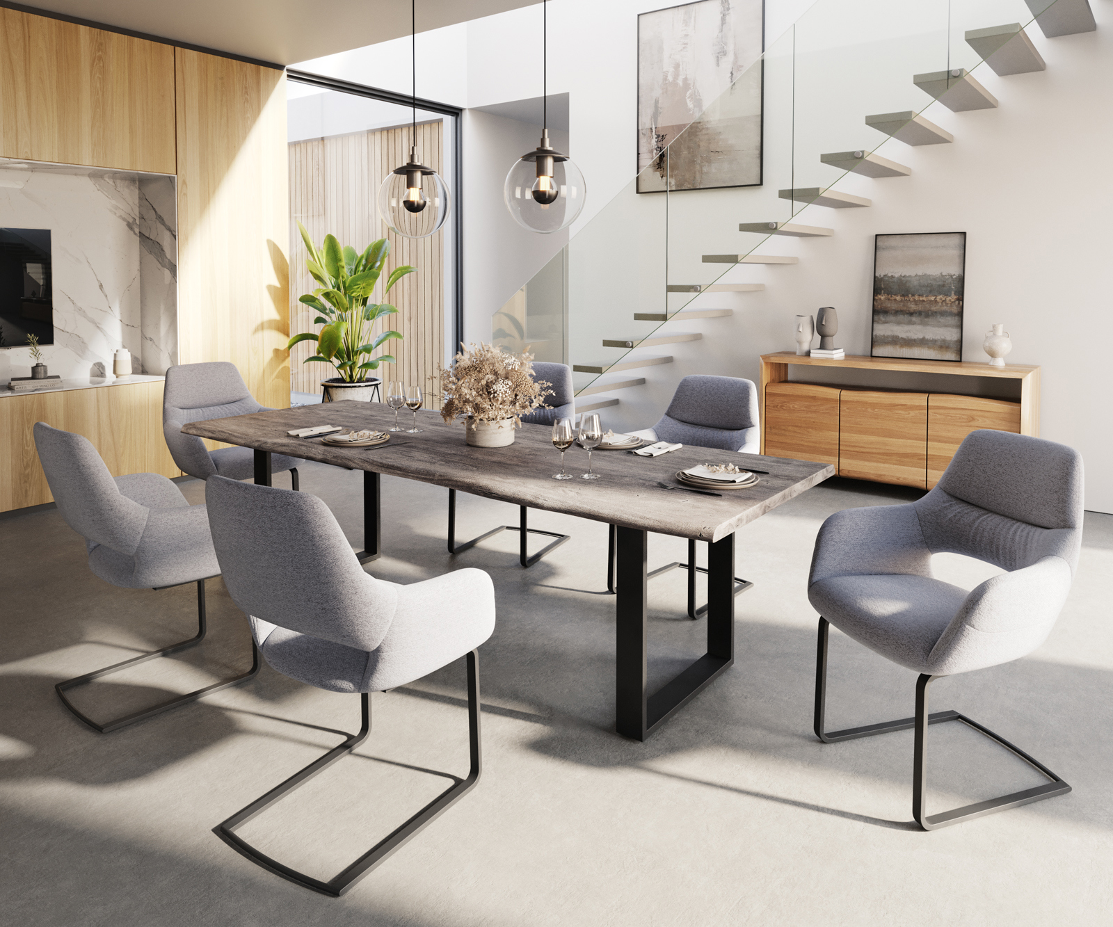 Étkezőszék Yago-Flex kárpitozott karfás világosszürke szövettel lapos fekete lábbal zsákrugós - Image 4