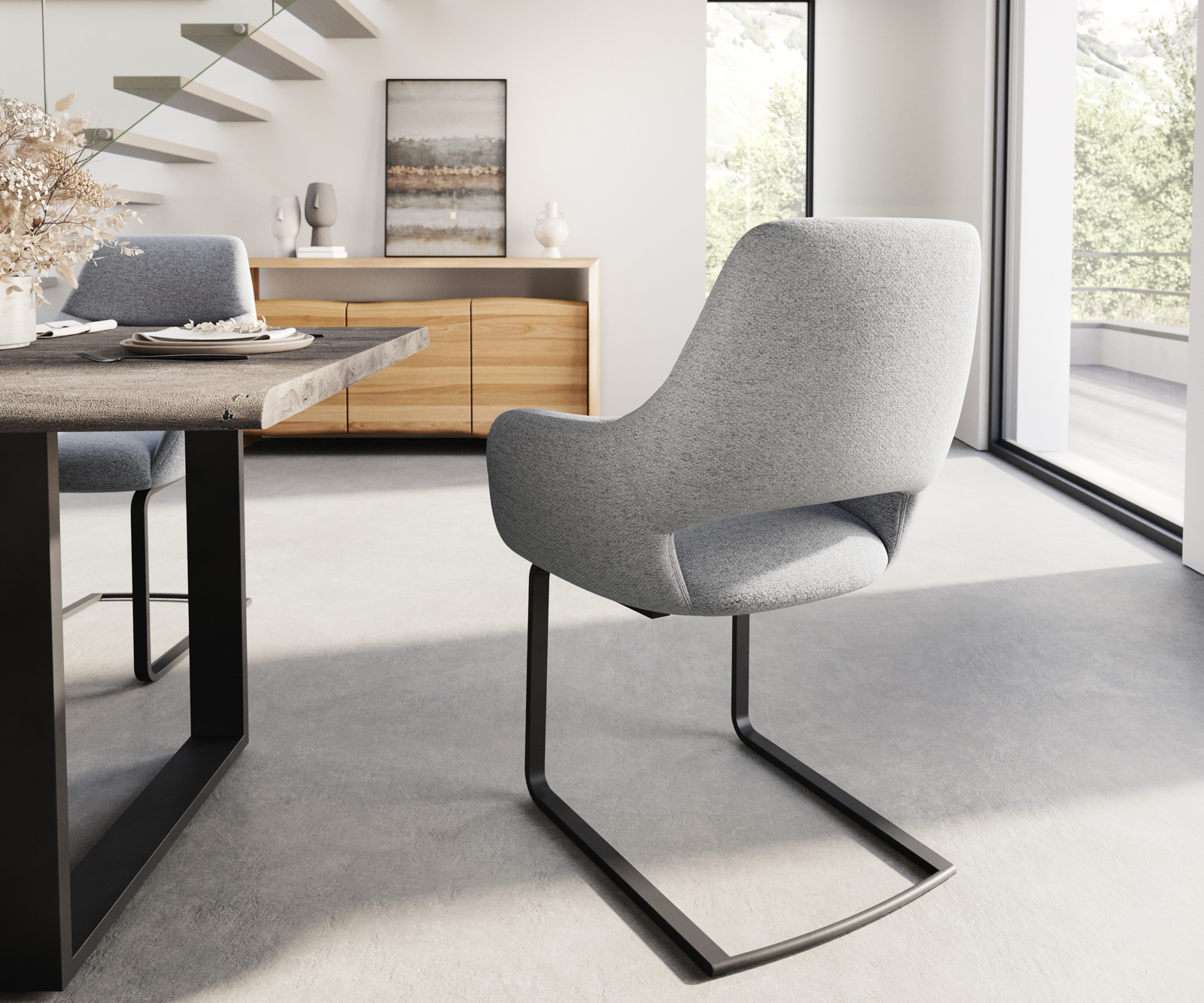 Étkezőszék Yago-Flex kárpitozott karfás világosszürke szövettel lapos fekete lábbal zsákrugós - Image 5