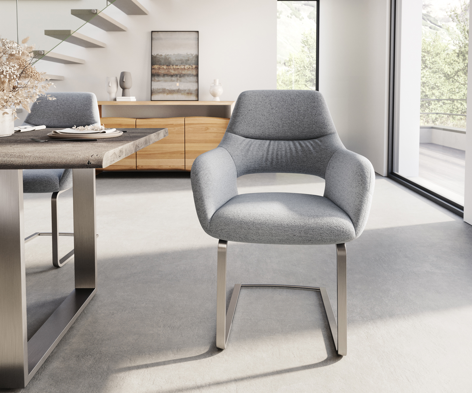 Étkezőszék Yago-Flex kárpitozott karfás világosszürke szövet lapos rozsdamentes acél zsákrugós - Image 2