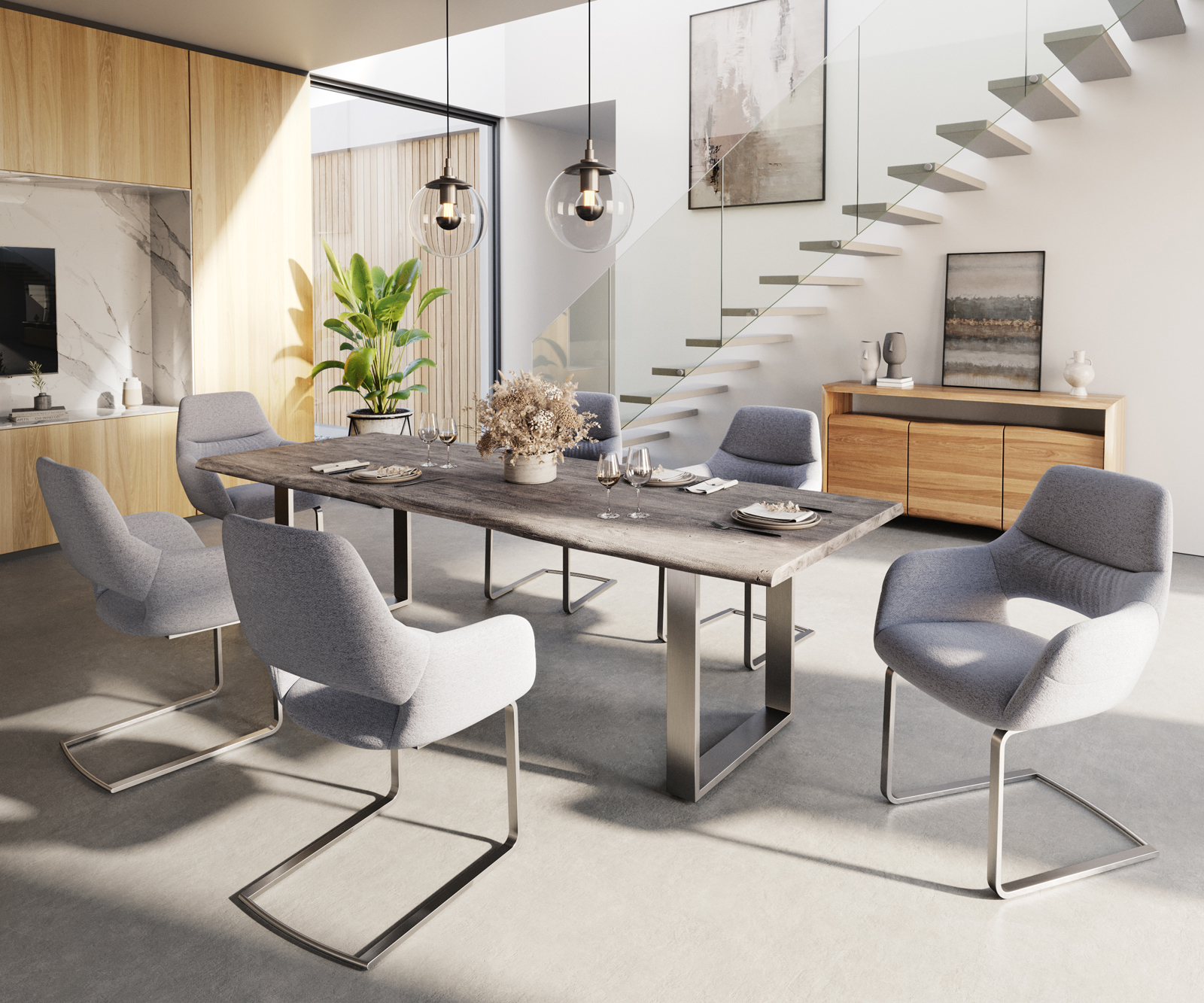 Étkezőszék Yago-Flex kárpitozott karfás világosszürke szövet lapos rozsdamentes acél zsákrugós - Image 4