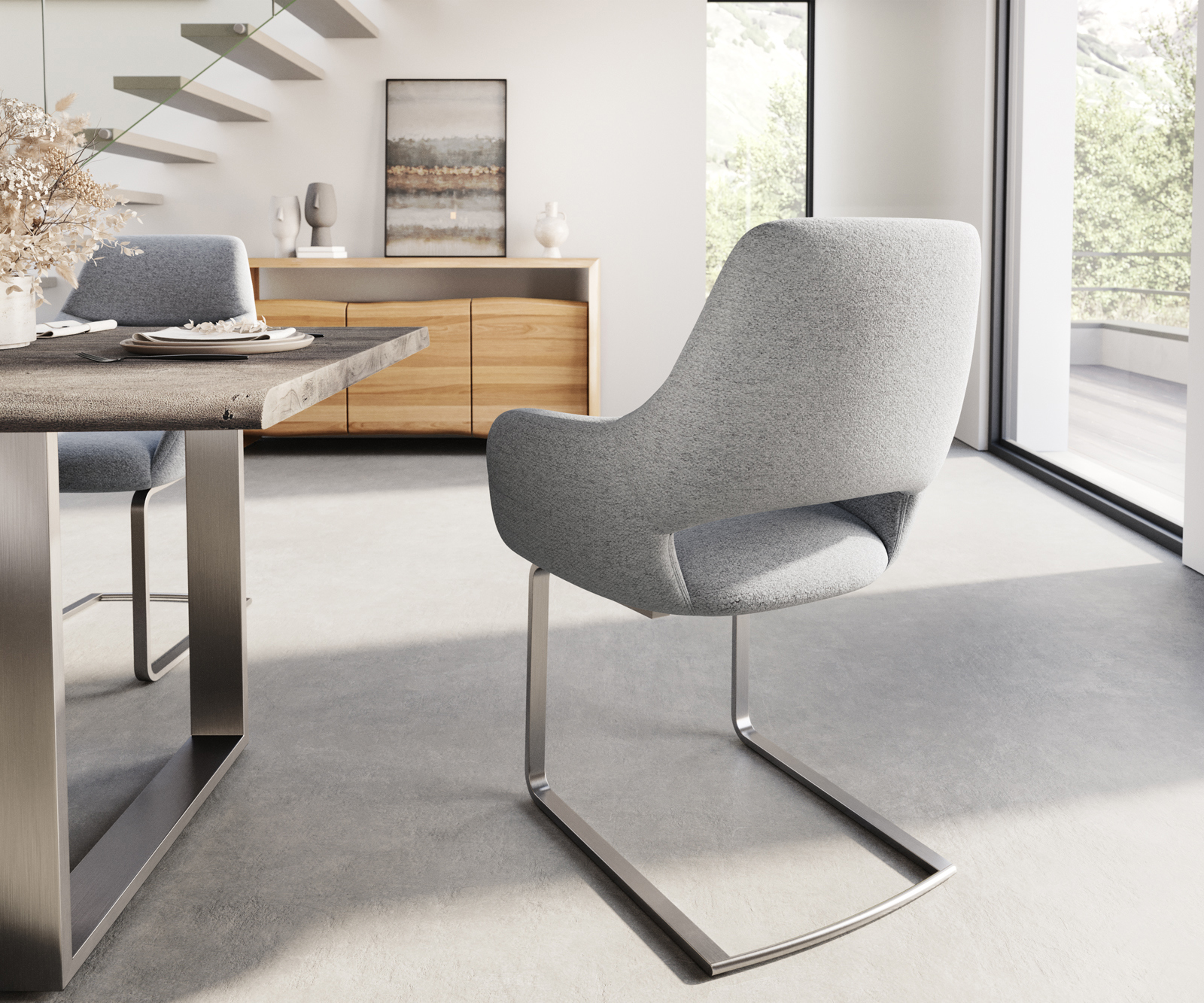 Étkezőszék Yago-Flex kárpitozott karfás világosszürke szövet lapos rozsdamentes acél zsákrugós - Image 5