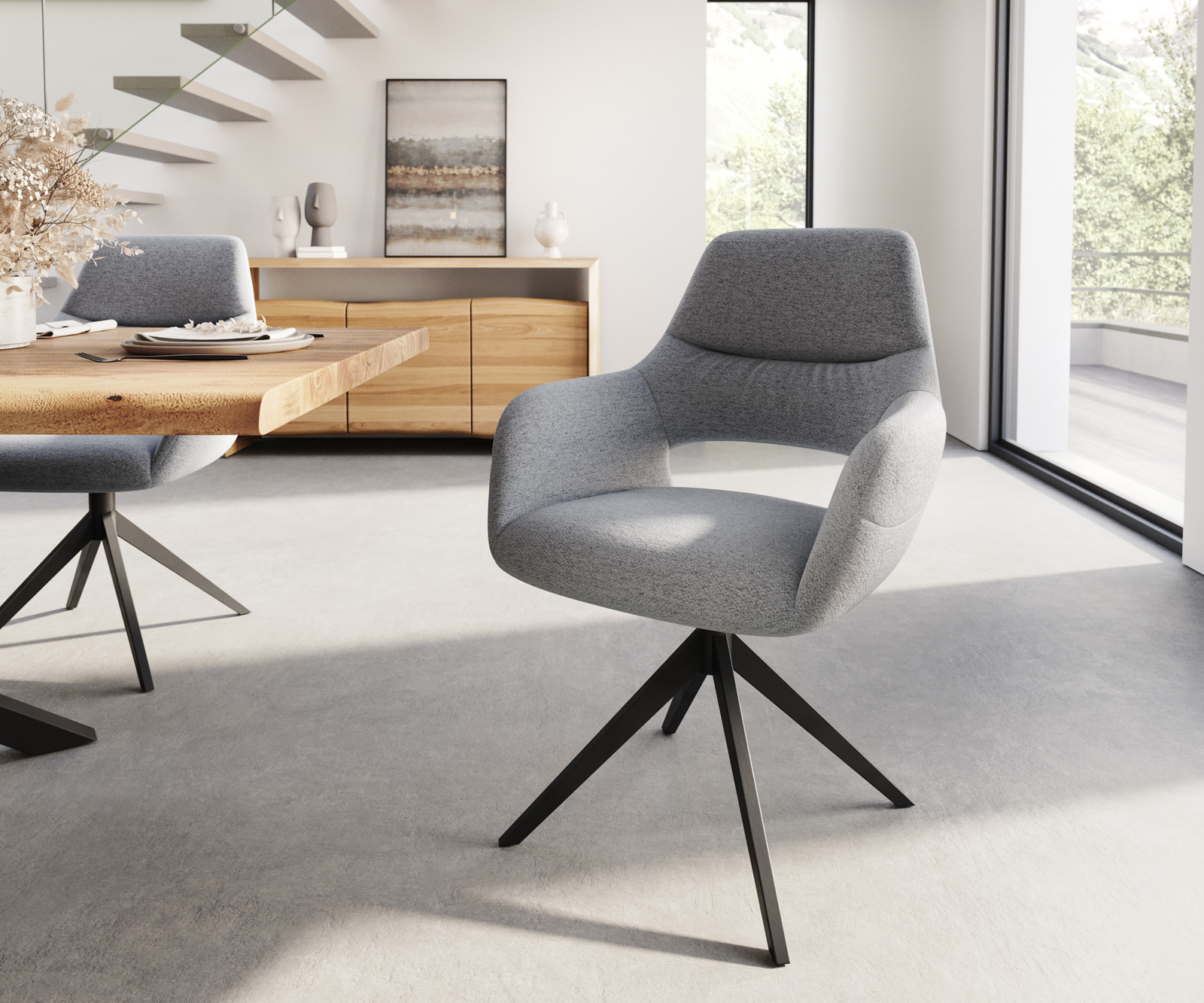 Étkezőszék Yago-Flex karfás világosszürke strukturált szövet széles fekete kereszt láb zsákrugós