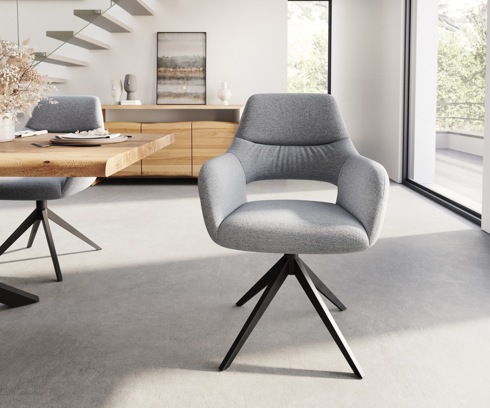 Étkezőszék Yago-Flex karfás világosszürke strukturált szövet széles fekete kereszt láb zsákrugós - Image 2