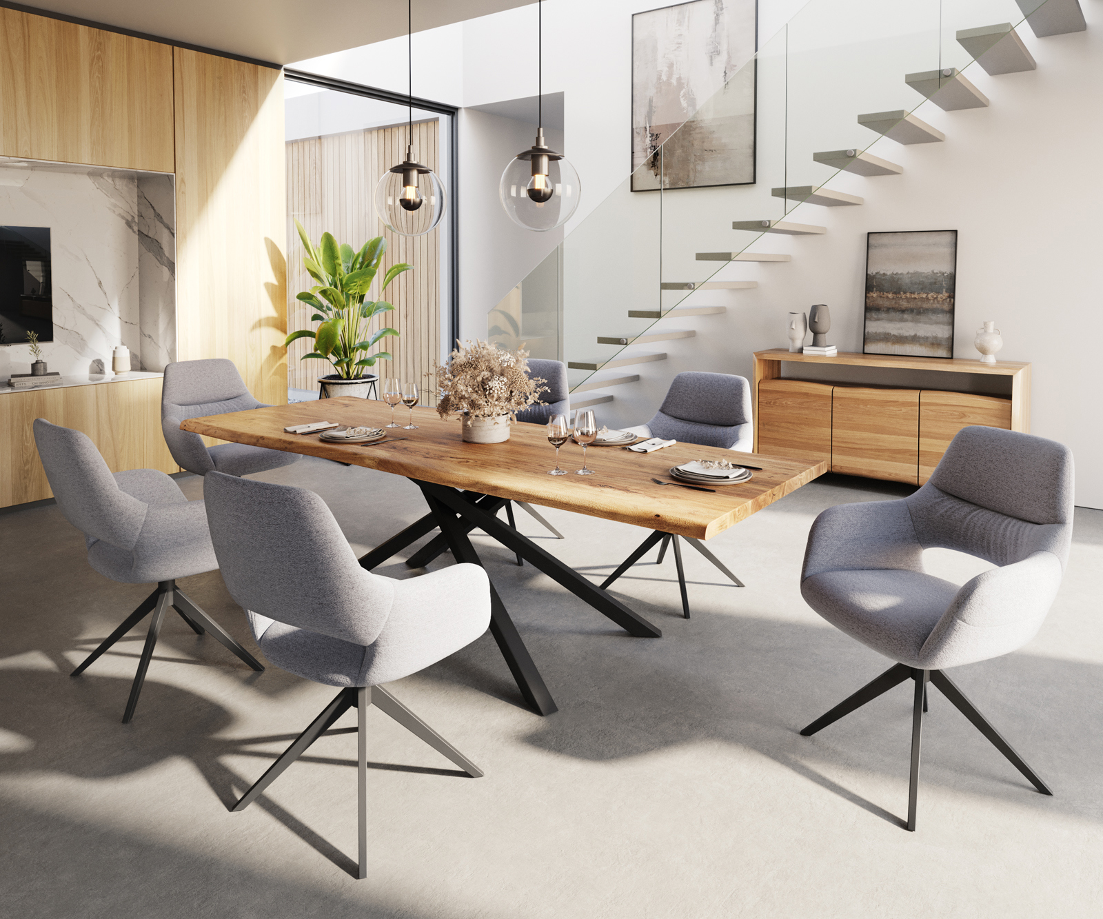 Étkezőszék Yago-Flex karfás világosszürke strukturált szövet széles fekete kereszt láb zsákrugós - Image 4