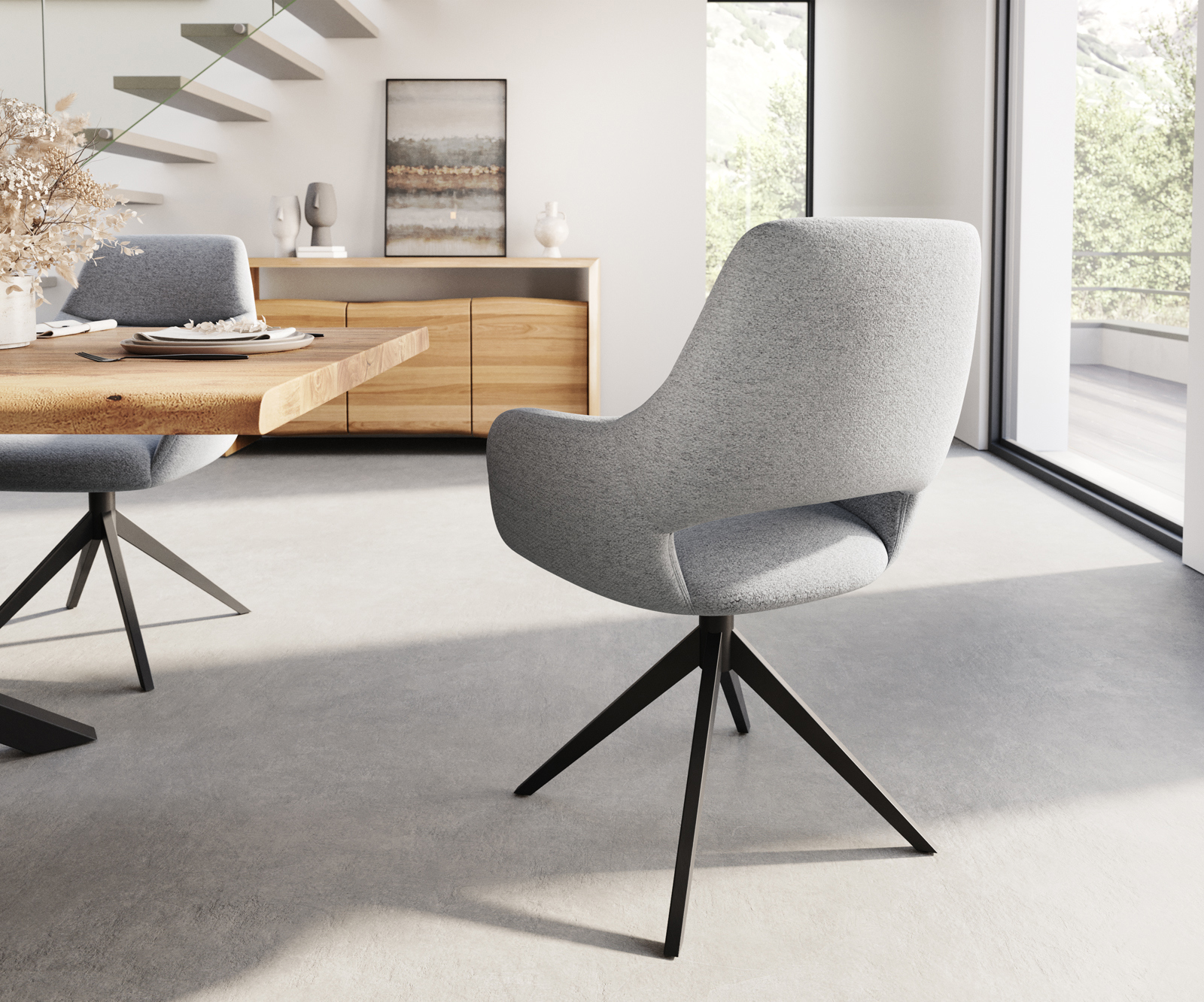 Étkezőszék Yago-Flex karfás világosszürke strukturált szövet széles fekete kereszt láb zsákrugós - Image 5