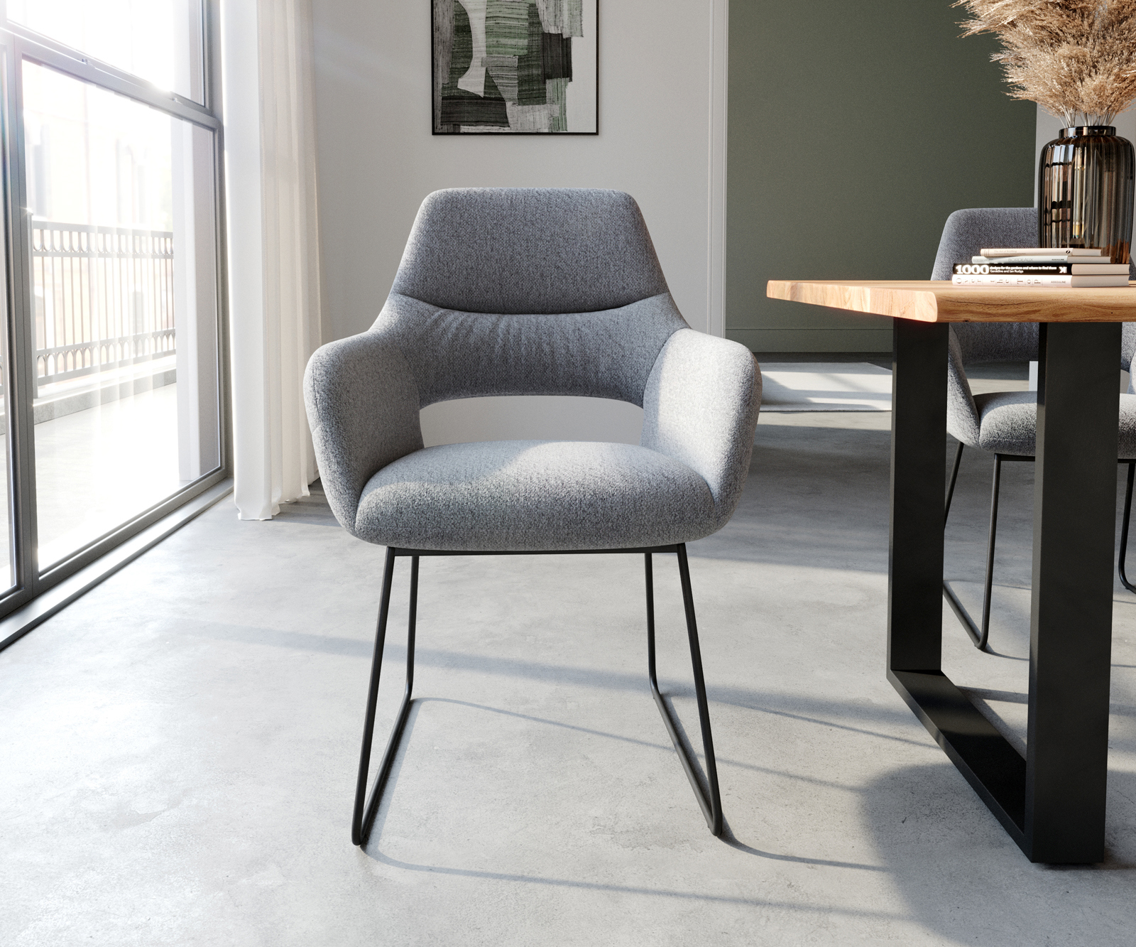 Étkezőszék Yago-Flex karfás világosszürke strukturált szövet fekete vékony lábazat zsákrugós - Image 2