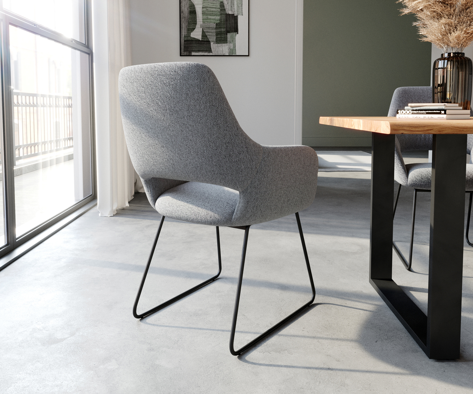 Étkezőszék Yago-Flex karfás világosszürke strukturált szövet fekete vékony lábazat zsákrugós - Image 5