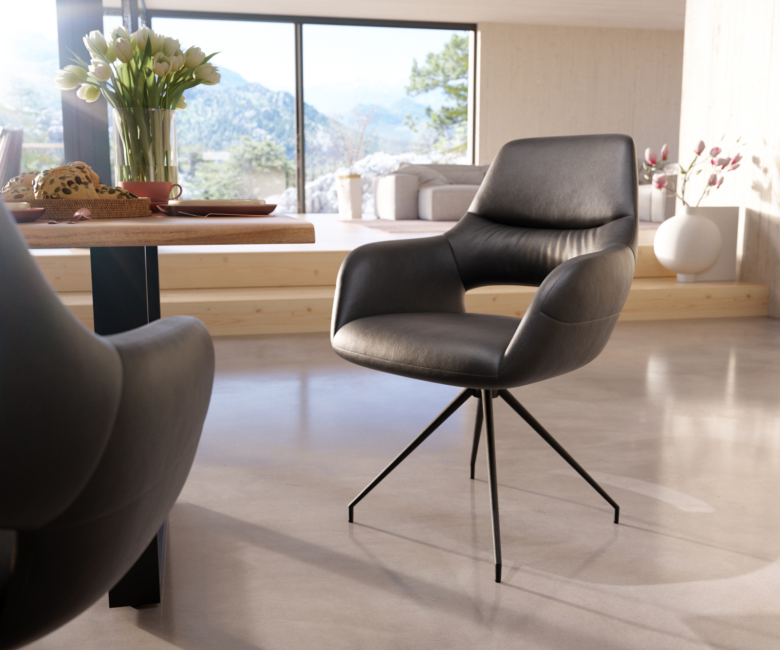 Étkezőszék Yago-Flex valódi bőr fekete karfás rozsdamentes acél kúpos fekete kereszt láb zsákrugós