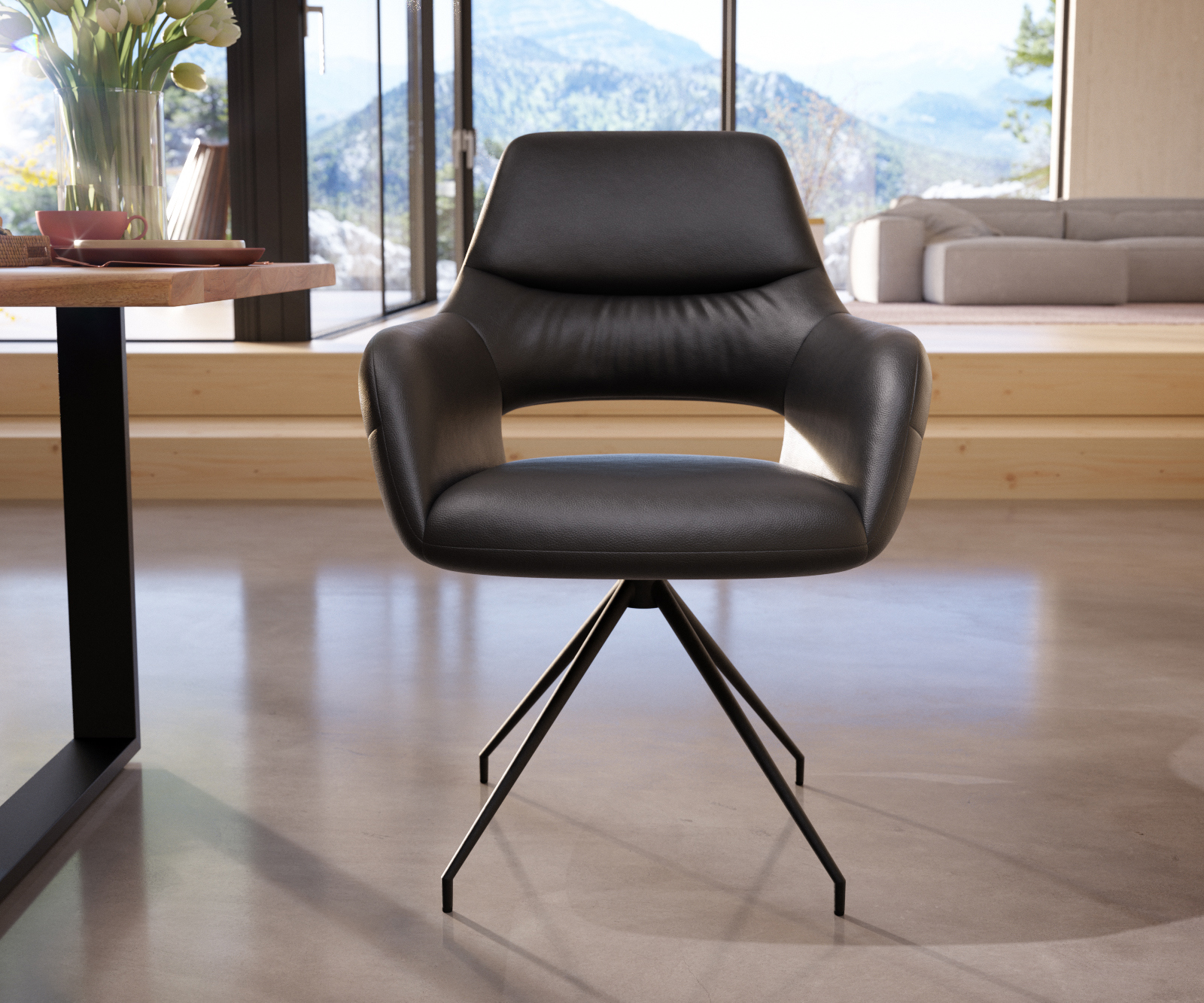 Étkezőszék Yago-Flex valódi bőr fekete karfás rozsdamentes acél kúpos fekete kereszt láb zsákrugós - Image 2