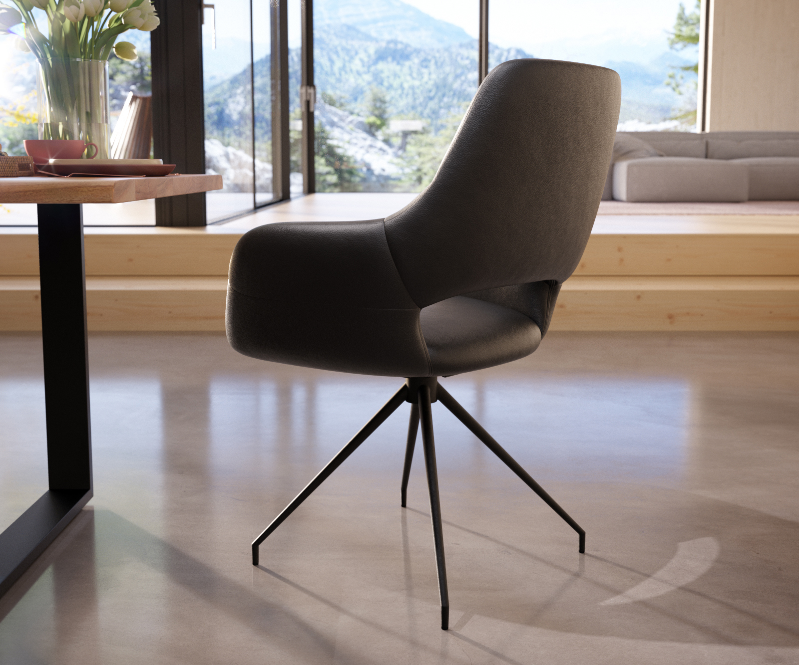 Étkezőszék Yago-Flex valódi bőr fekete karfás rozsdamentes acél kúpos fekete kereszt láb zsákrugós - Image 5