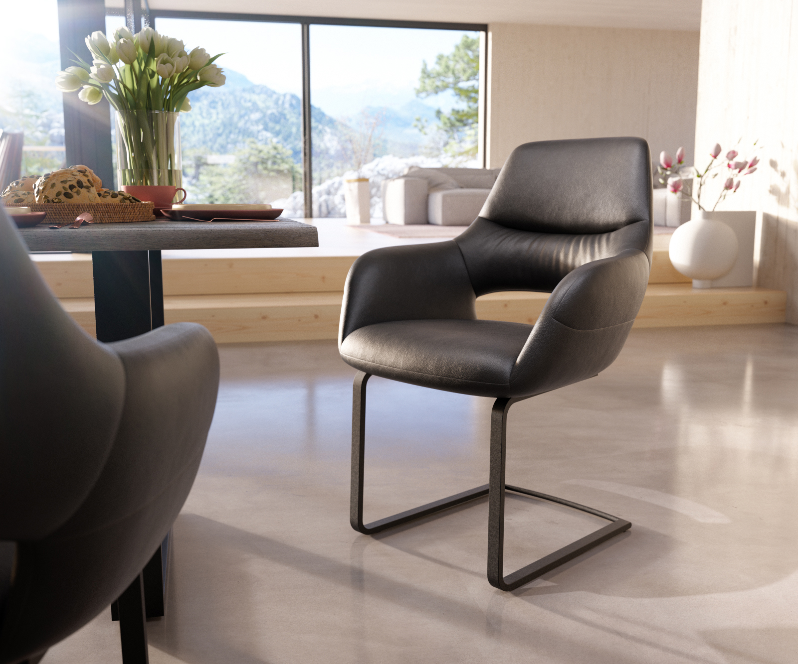 Étkezőszék Yago-Flex karfás valódi bőr fekete étkezőszék lapos fekete zsákrugós