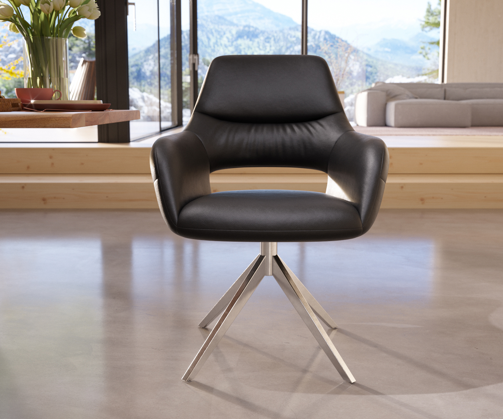 Étkezőszék Yago-Flex karfás valódi bőr fekete kereszt láb széles rozsdamentes acél zsákrugós - Image 2