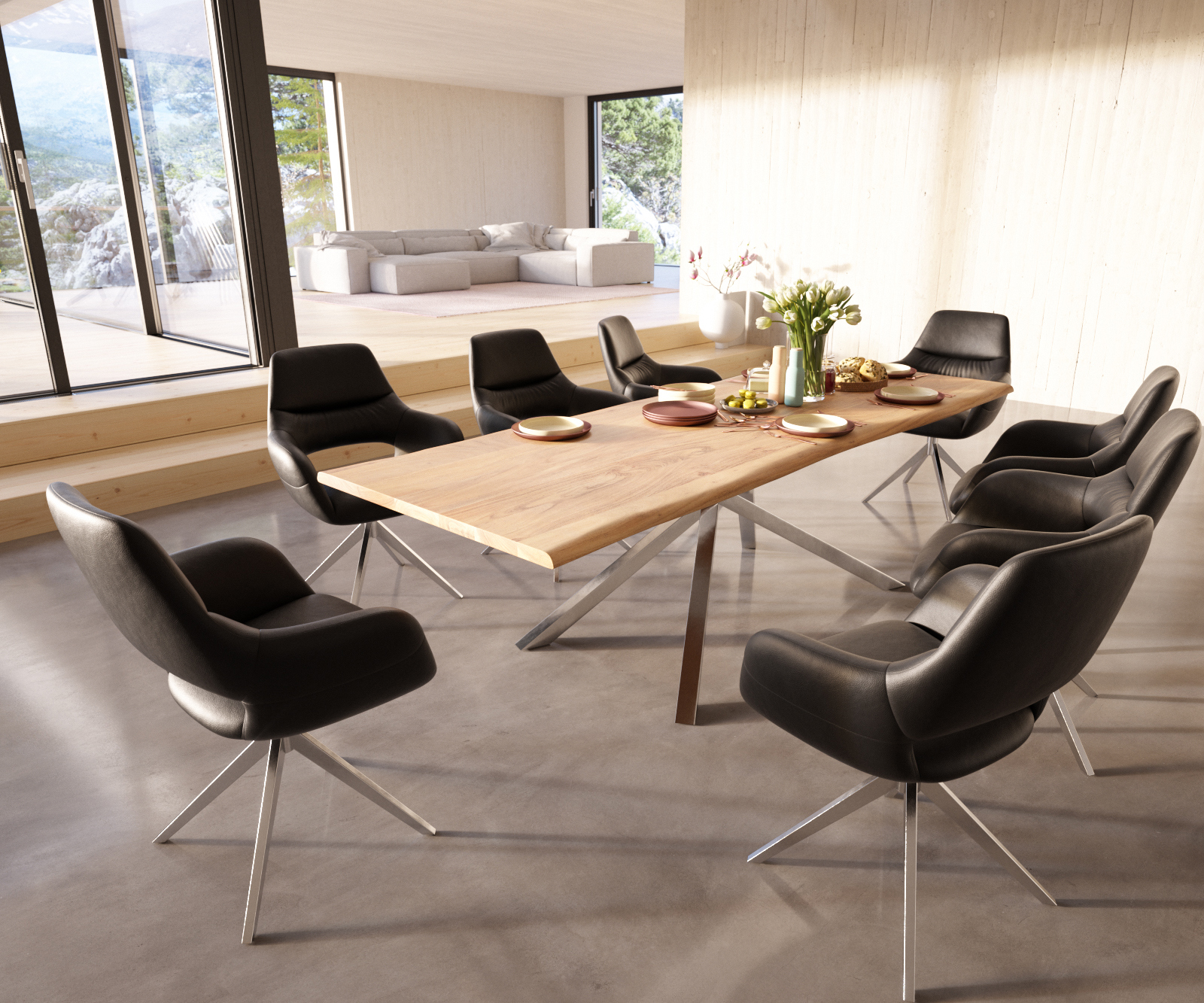 Étkezőszék Yago-Flex karfás valódi bőr fekete kereszt láb széles rozsdamentes acél zsákrugós - Image 4