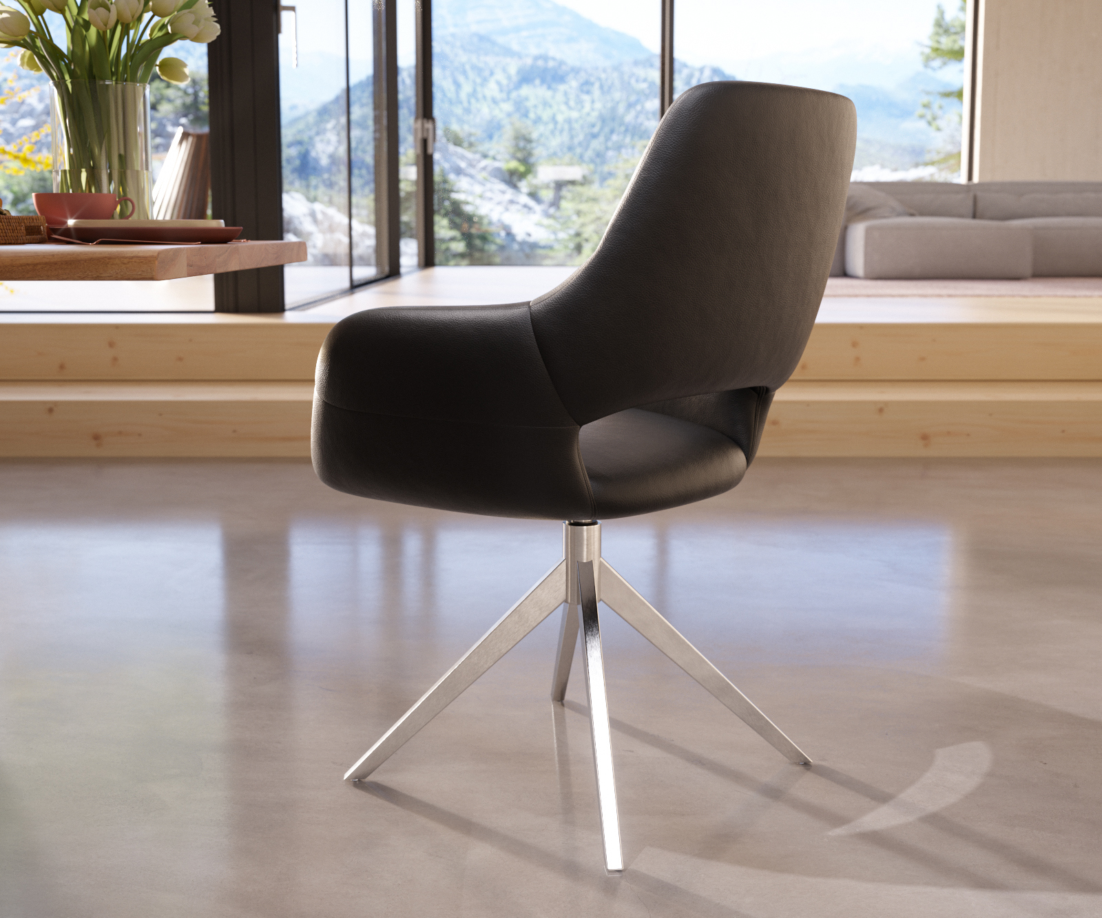 Étkezőszék Yago-Flex karfás valódi bőr fekete kereszt láb széles rozsdamentes acél zsákrugós - Image 5