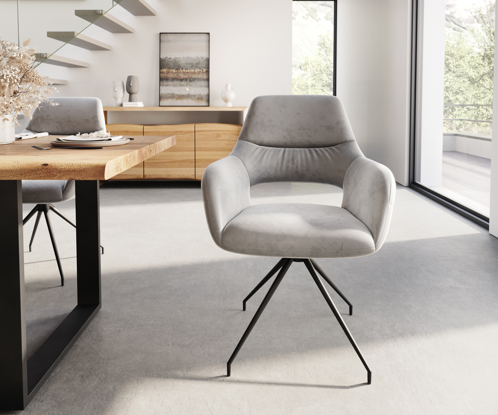 Étkezőszék Yago-Flex karfás bársony szürke kúpos kereszt láb fekete zsákrugós - Image 2