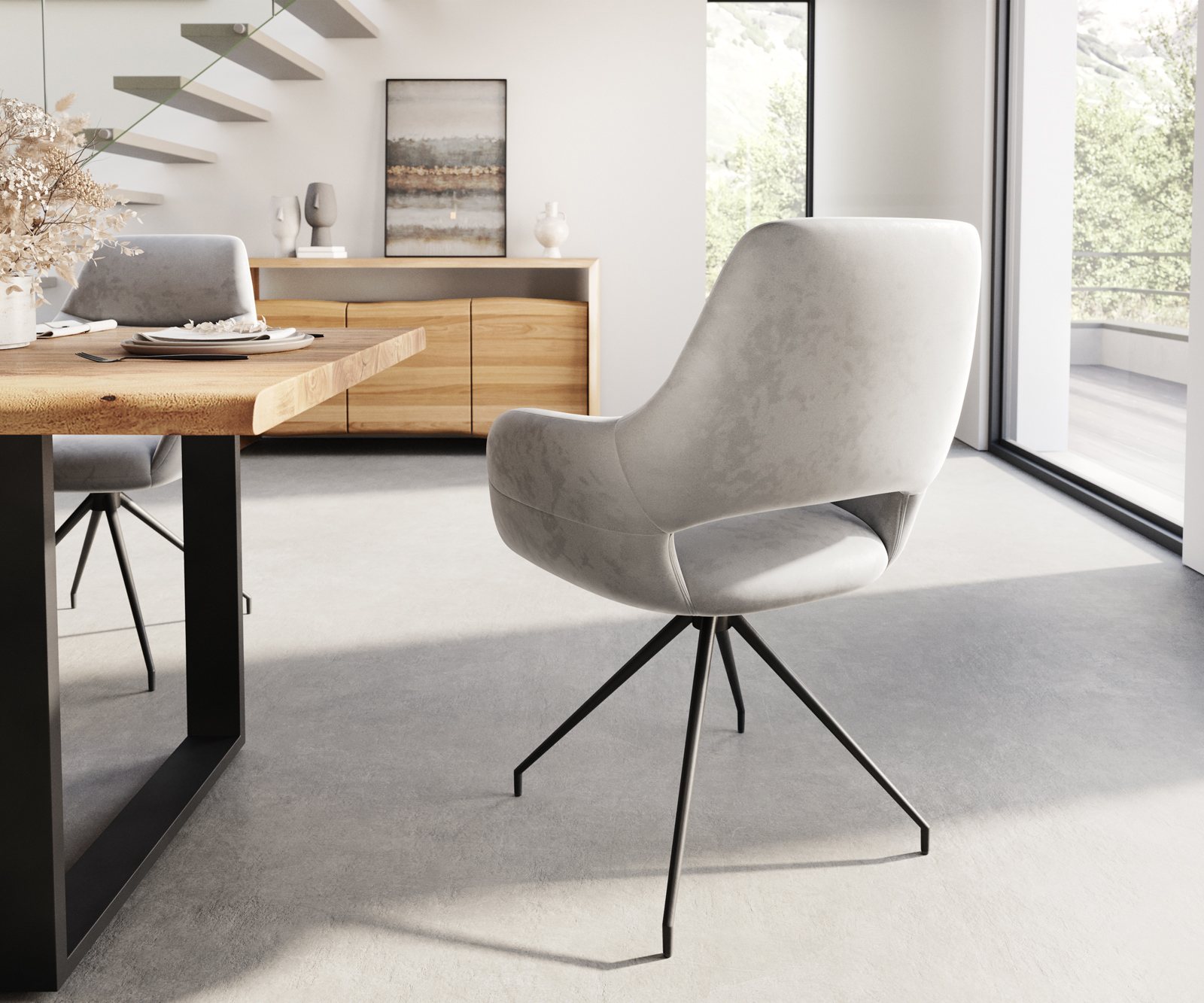 Étkezőszék Yago-Flex karfás bársony szürke kúpos kereszt láb fekete zsákrugós - Image 5