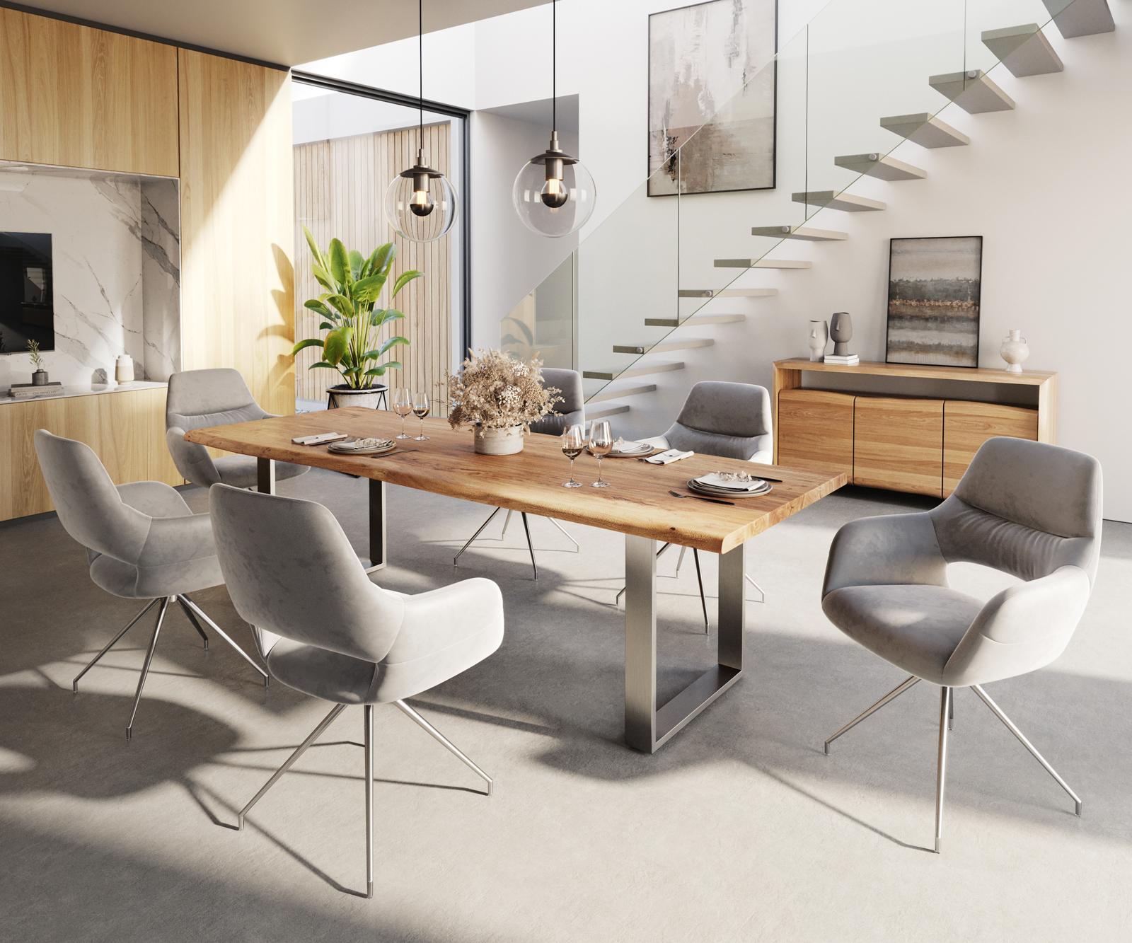 Étkezőszék Yago-Flex karfás szürke bársony kúpos rozsdamentes acél kereszt láb zsákrugós matraccal - Image 4