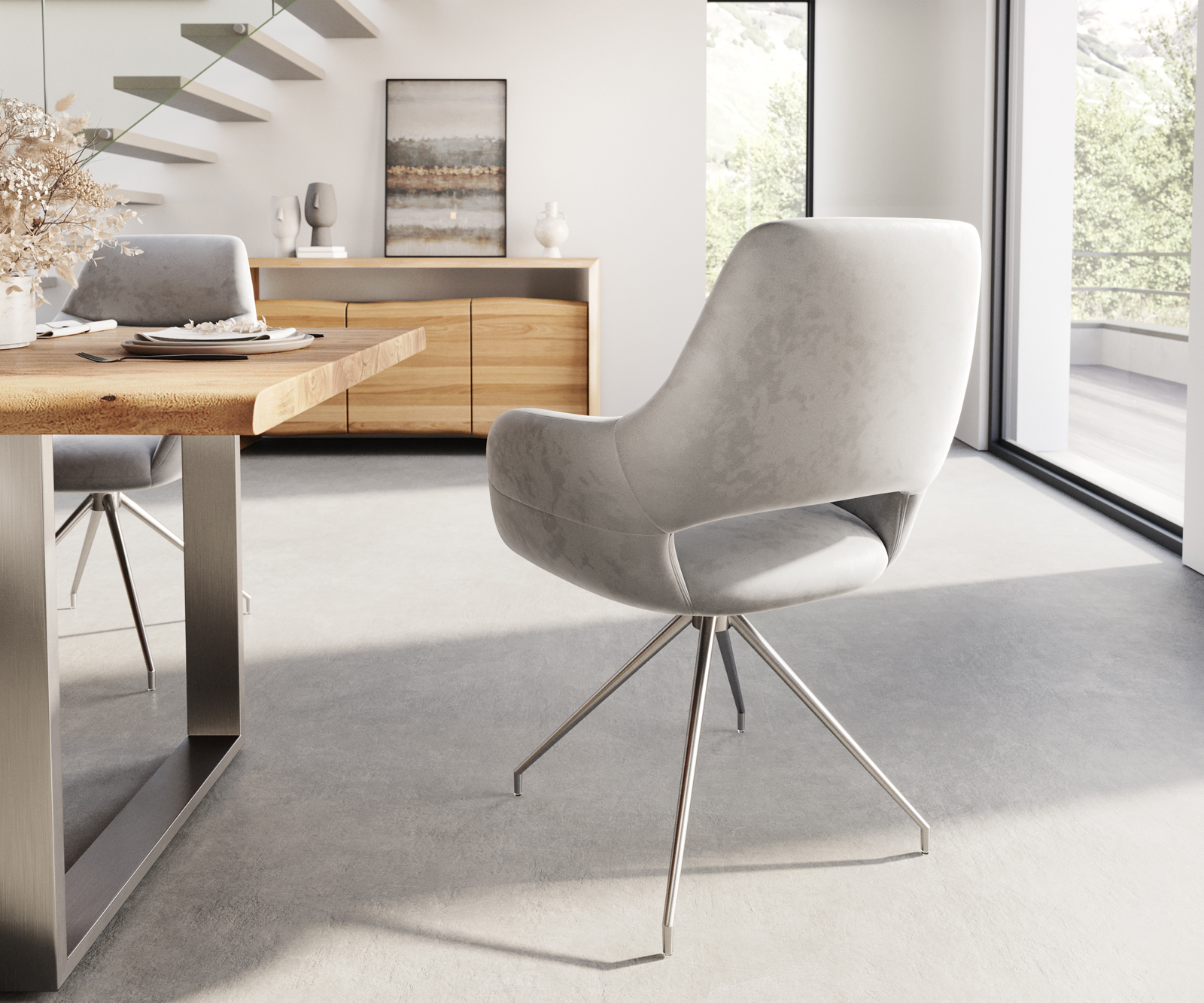 Étkezőszék Yago-Flex karfás szürke bársony kúpos rozsdamentes acél kereszt láb zsákrugós matraccal - Image 5