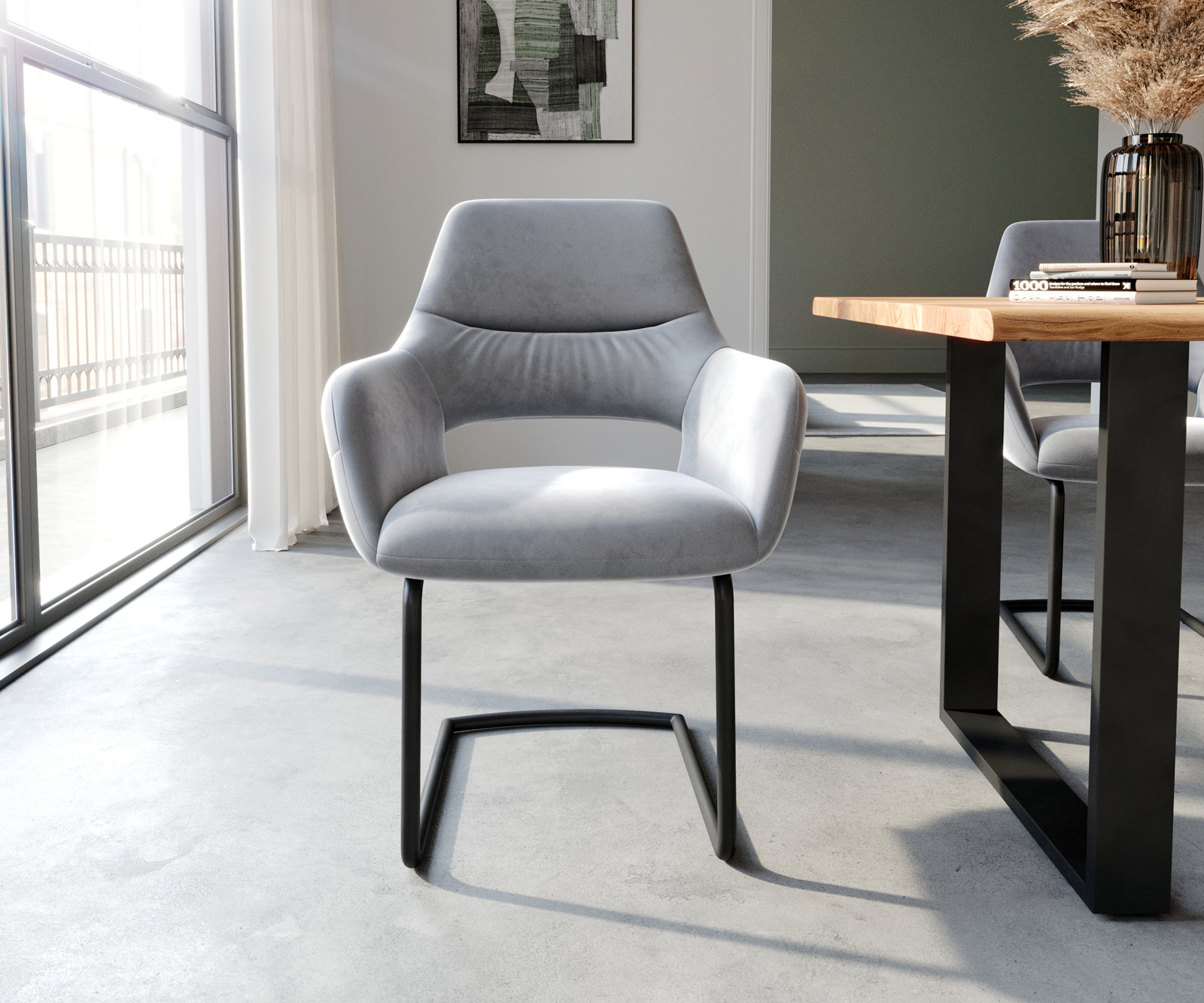 Étkezőszék Yago-Flex kárpitozott karfás bársony szürke kerek fekete zsákrugós étkezőszék - Image 2