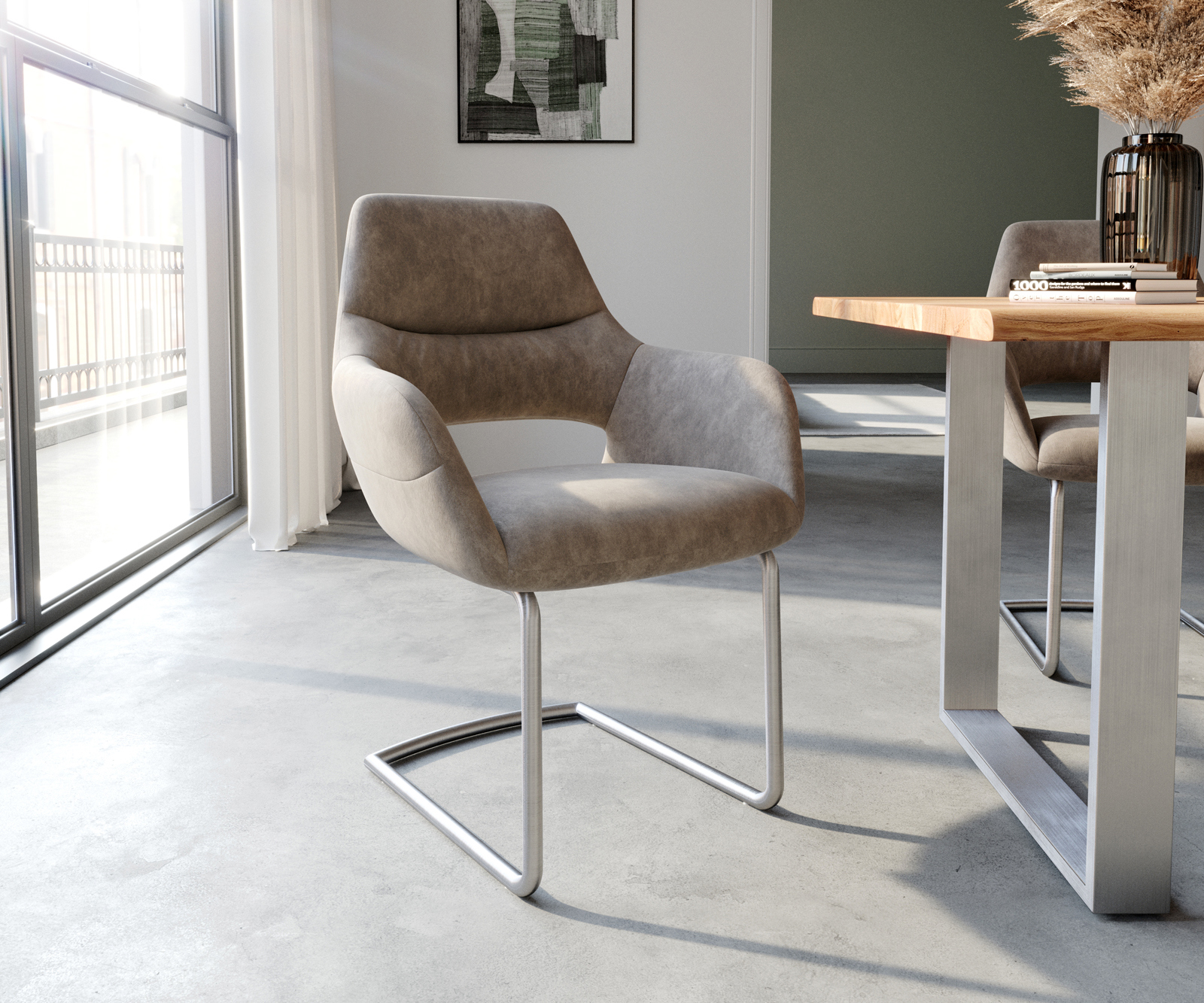 Étkezőszék Yago-Flex kárpitozott karfás mikroszálas taupe vintage étkezőszék kerek rozsdamentes acél zsákrugós