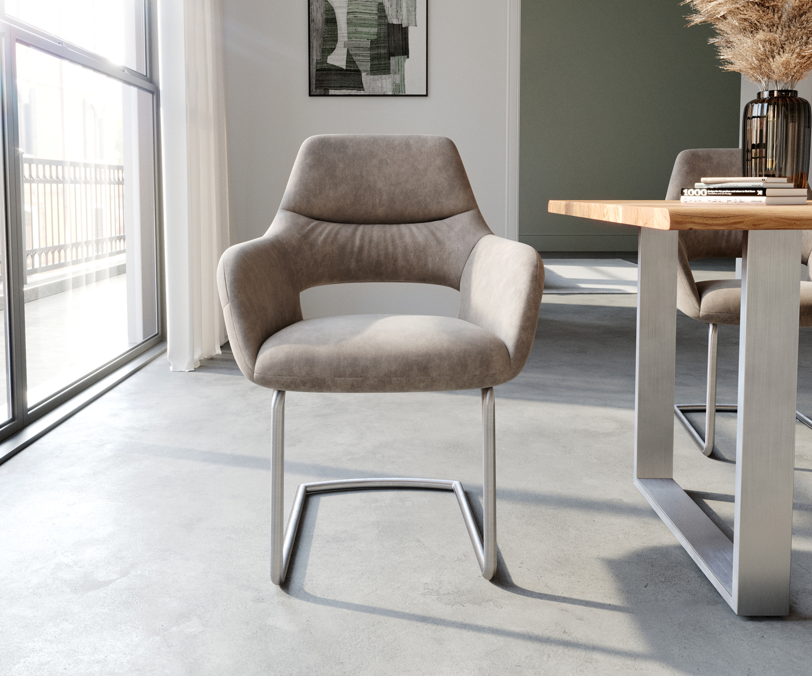 Étkezőszék Yago-Flex kárpitozott karfás mikroszálas taupe vintage étkezőszék kerek rozsdamentes acél zsákrugós - Image 2