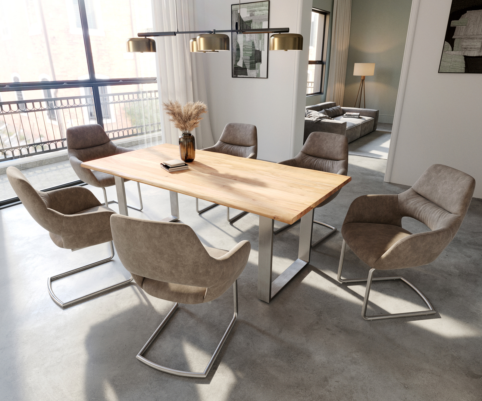 Étkezőszék Yago-Flex kárpitozott karfás mikroszálas taupe vintage étkezőszék kerek rozsdamentes acél zsákrugós - Image 4