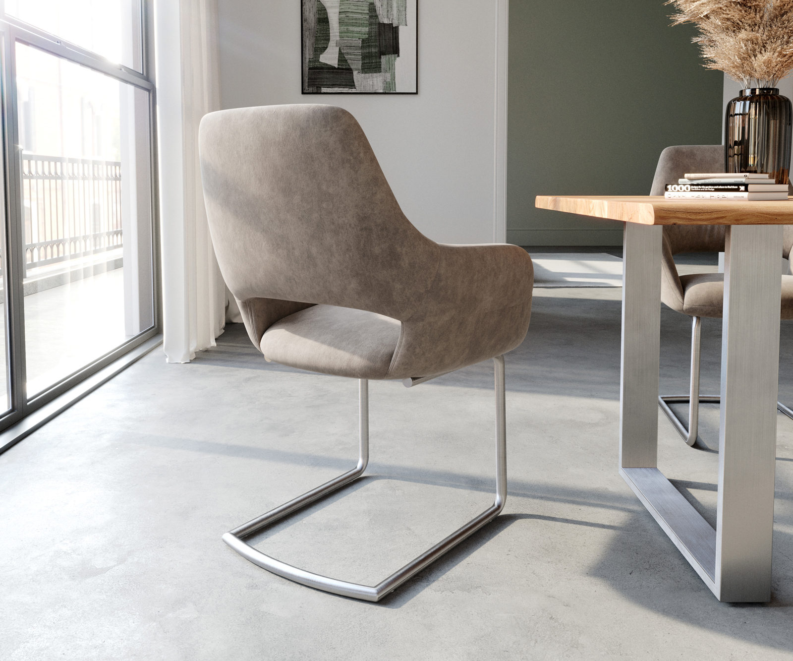 Étkezőszék Yago-Flex kárpitozott karfás mikroszálas taupe vintage étkezőszék kerek rozsdamentes acél zsákrugós - Image 5