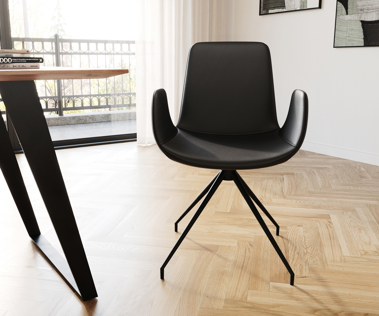 Étkezőszék Ilia-Flex kényelmes karfás valódi bőr fekete kereszt láb kúpos fekete - Image 2