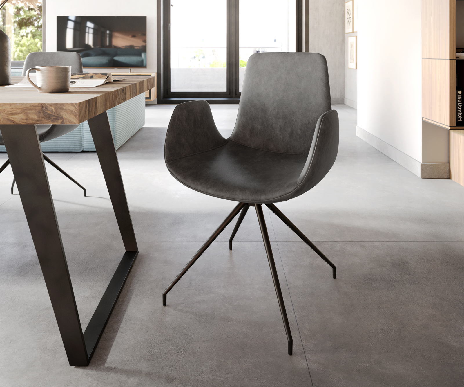 Étkezőszék Ilia-Flex karfás mikroszálas antracit vintage kereszt láb kúpos fekete