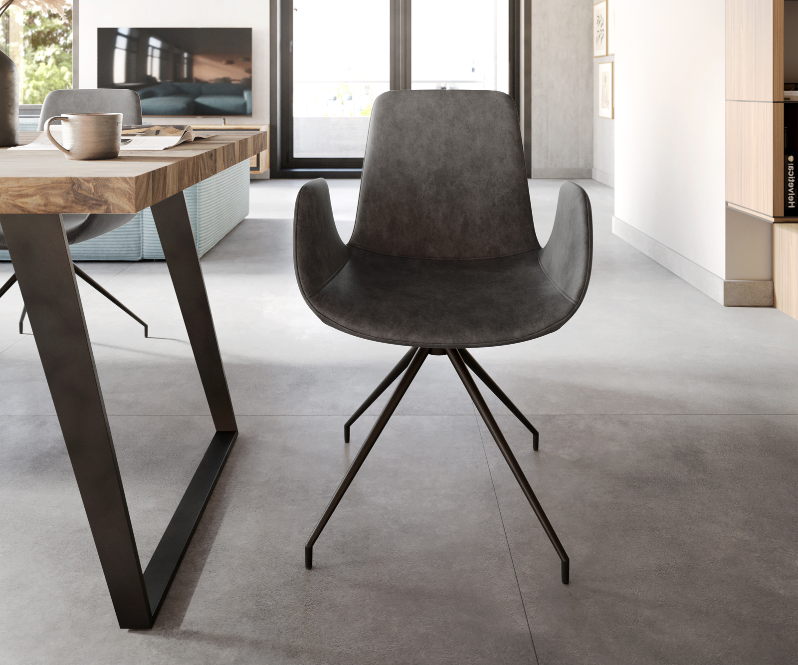 Étkezőszék Ilia-Flex karfás mikroszálas antracit vintage kereszt láb kúpos fekete - Image 2