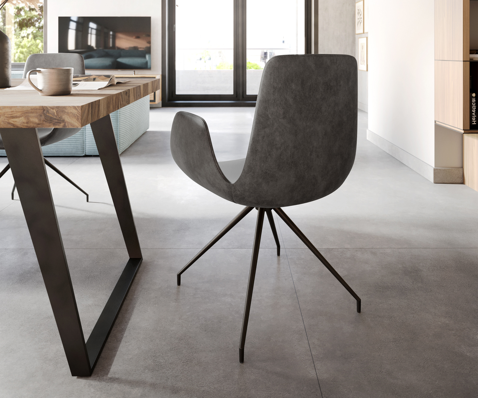 Étkezőszék Ilia-Flex karfás mikroszálas antracit vintage kereszt láb kúpos fekete - Image 5