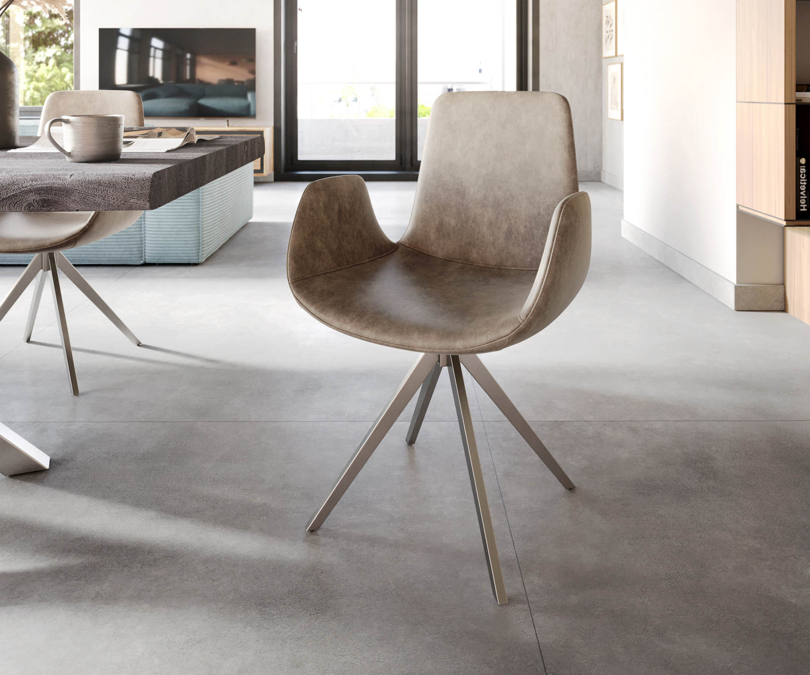 Étkezőszék Ilia-Flex karfás mikroszálas taupe vintage kereszt láb szögletes rozsdamentes acél