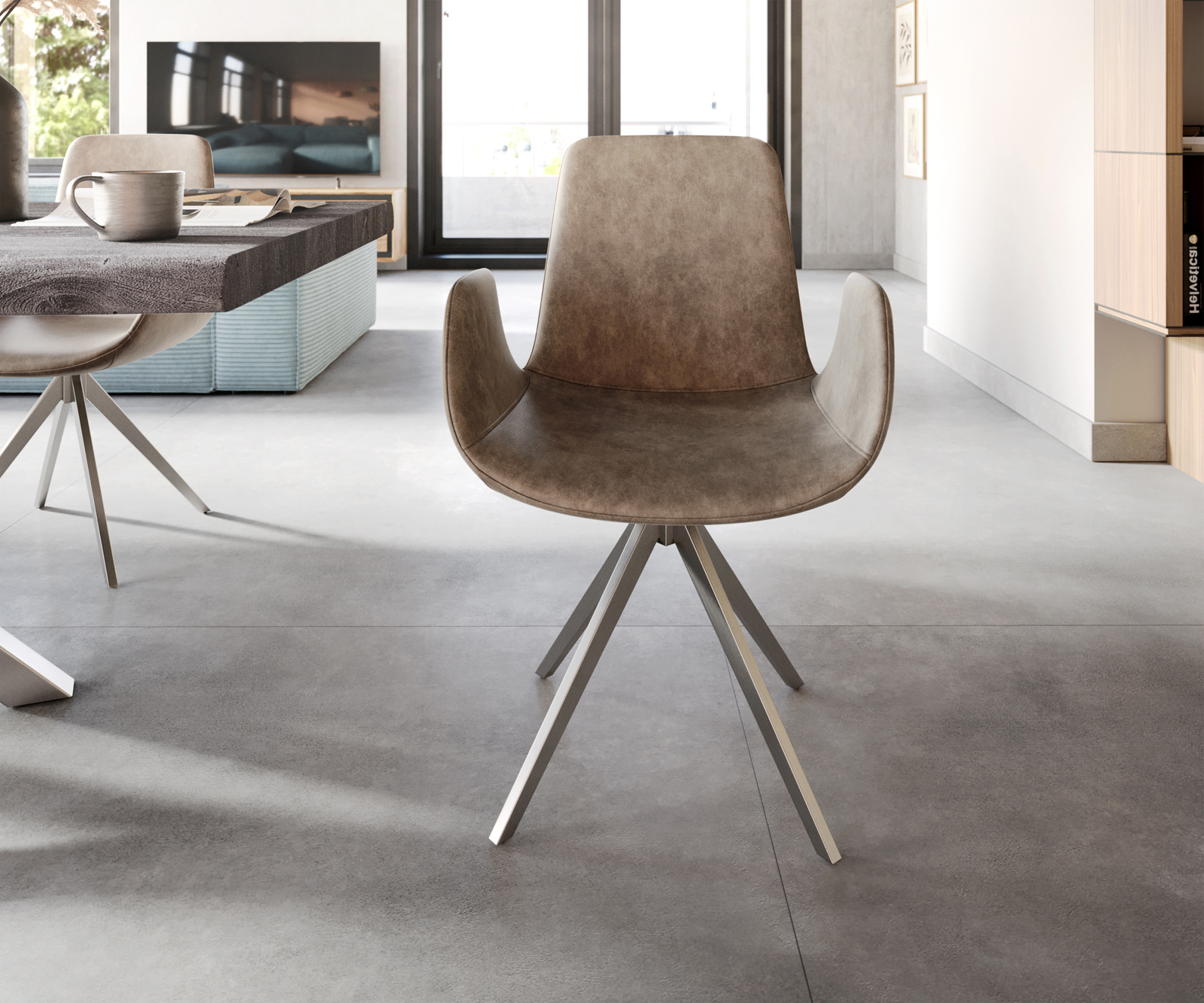 Étkezőszék Ilia-Flex karfás mikroszálas taupe vintage kereszt láb szögletes rozsdamentes acél - Image 2