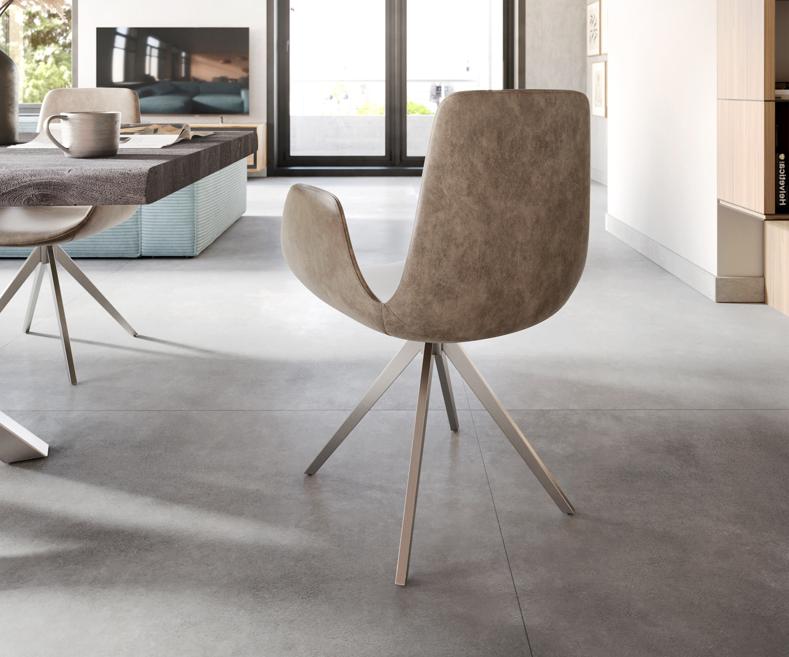 Étkezőszék Ilia-Flex karfás mikroszálas taupe vintage kereszt láb szögletes rozsdamentes acél - Image 5