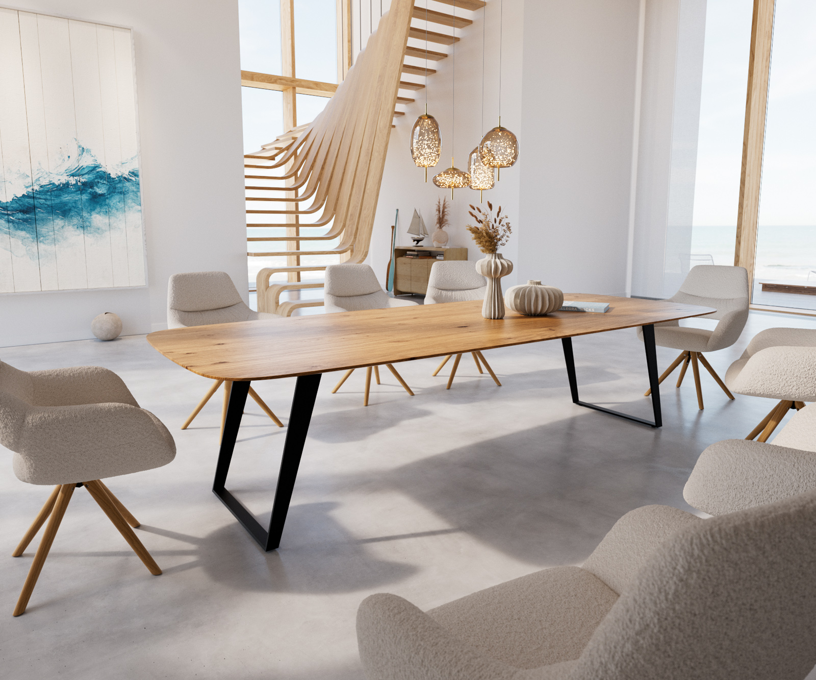 Étkezőasztal Edge hajóformájú 300x120x2,5-3 tölgy természetes fém ferde fekete svájci él