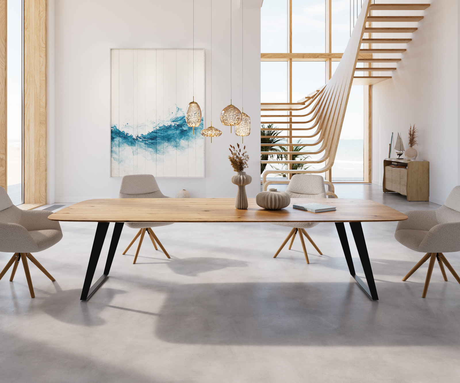 Étkezőasztal Edge hajóformájú 300x120x2,5-3 tölgy természetes fém ferde fekete svájci él - Image 2